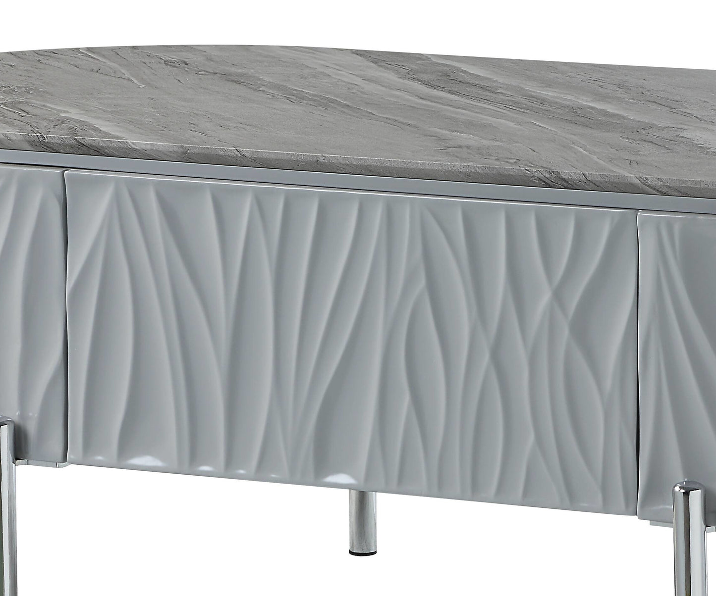 Close up of a grey D wave front cabinet with a marbled top and chrome legs