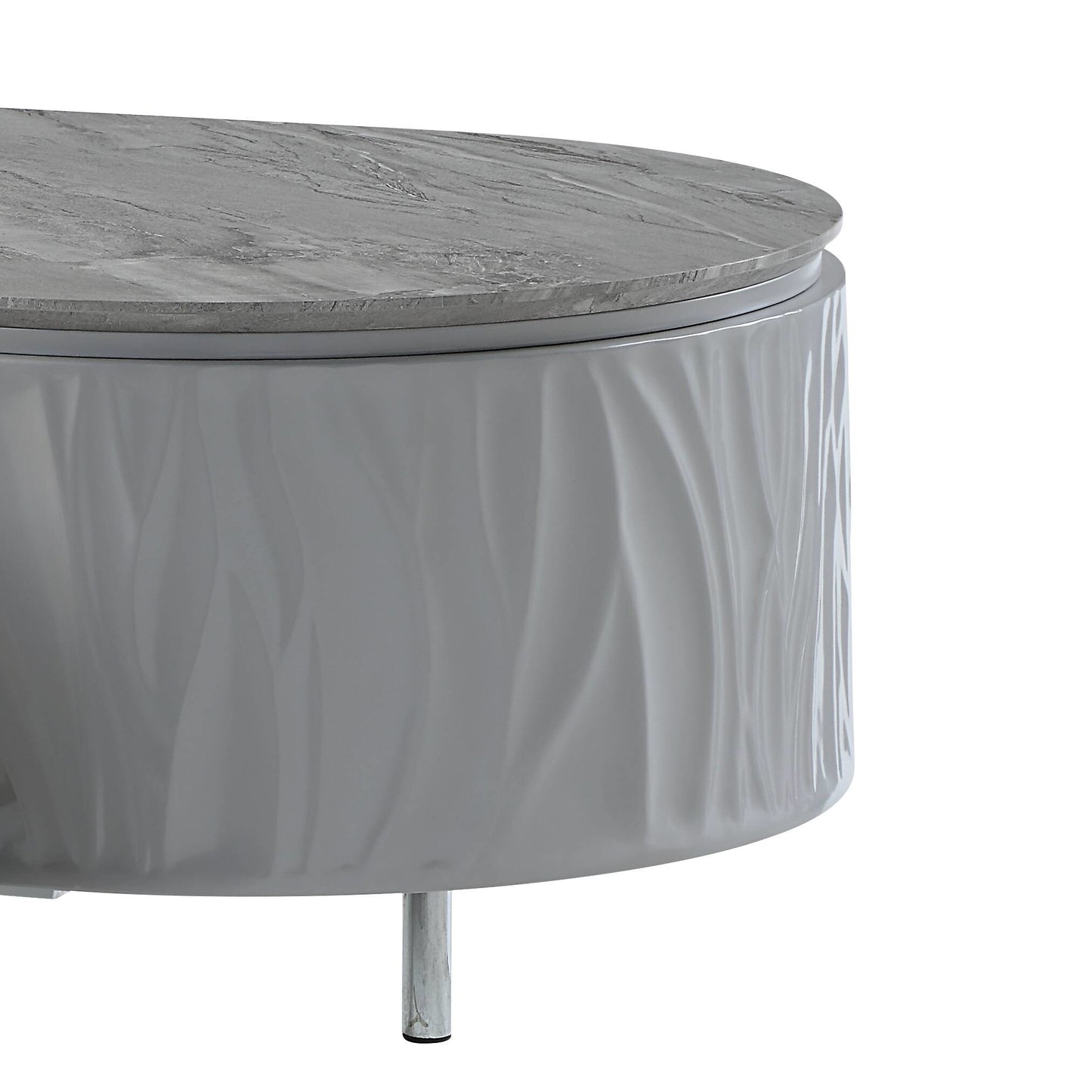 Round grey coffee table with textured base and marblelook top