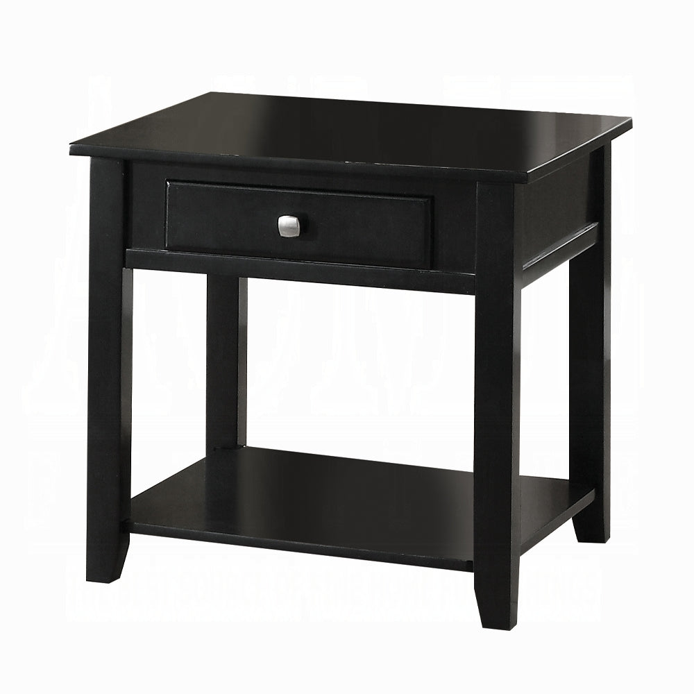 Black wooden side table with one drawer and bottom shelf