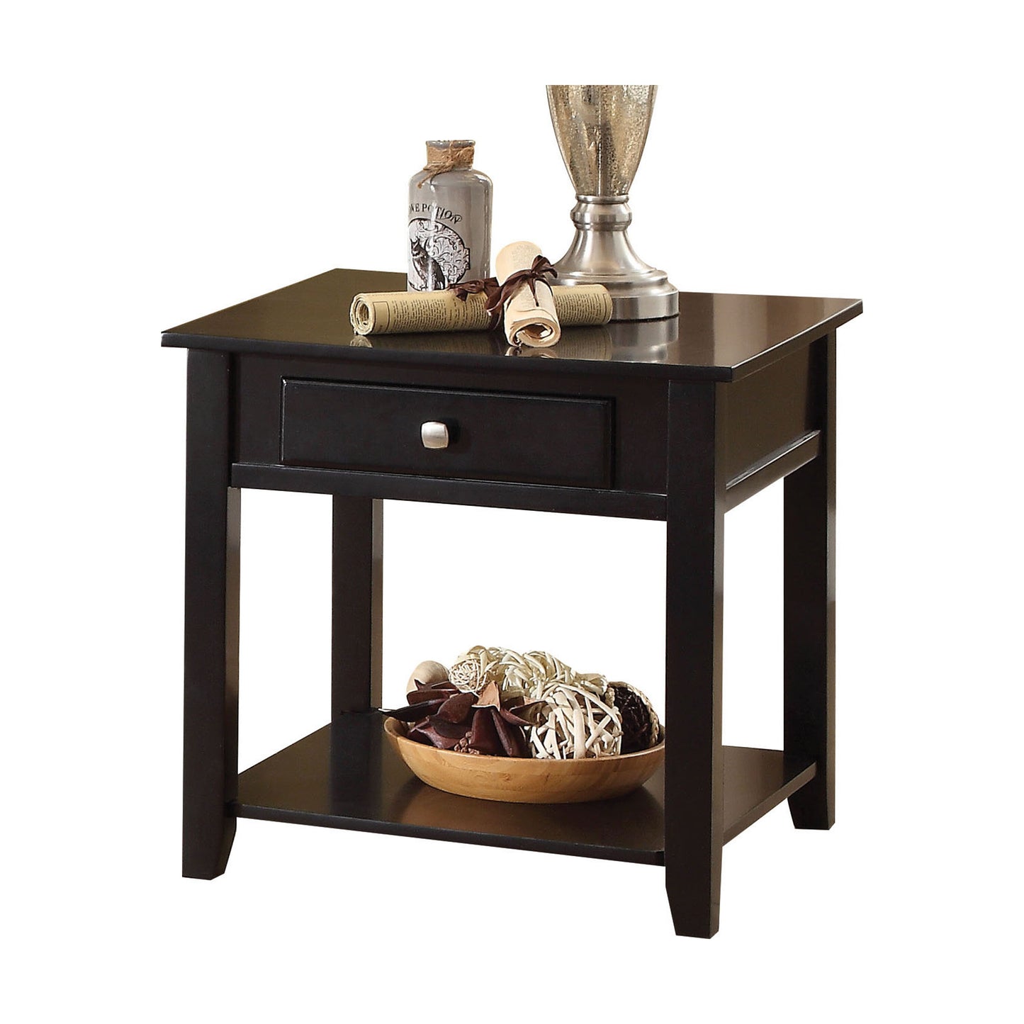 Dark brown wooden end table with one drawer and open shelf showcasing decorative items