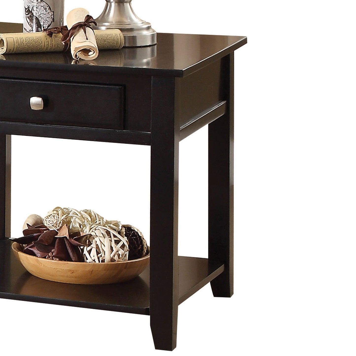 Dark espresso wood end table with one drawer and open shelf