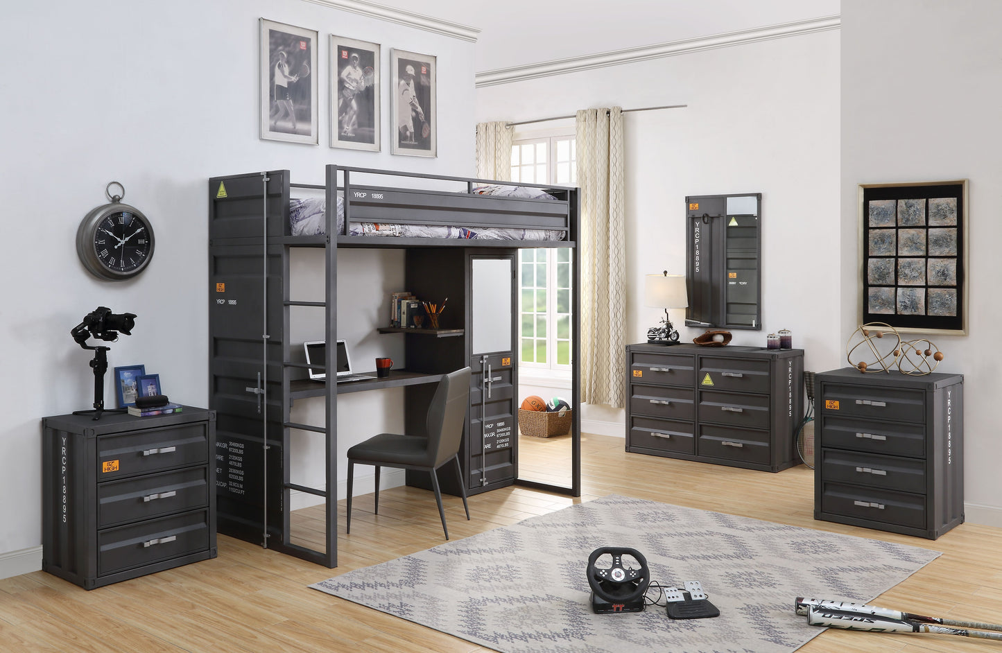 Gray metal loft bed with integrated desk and ladder industrial design