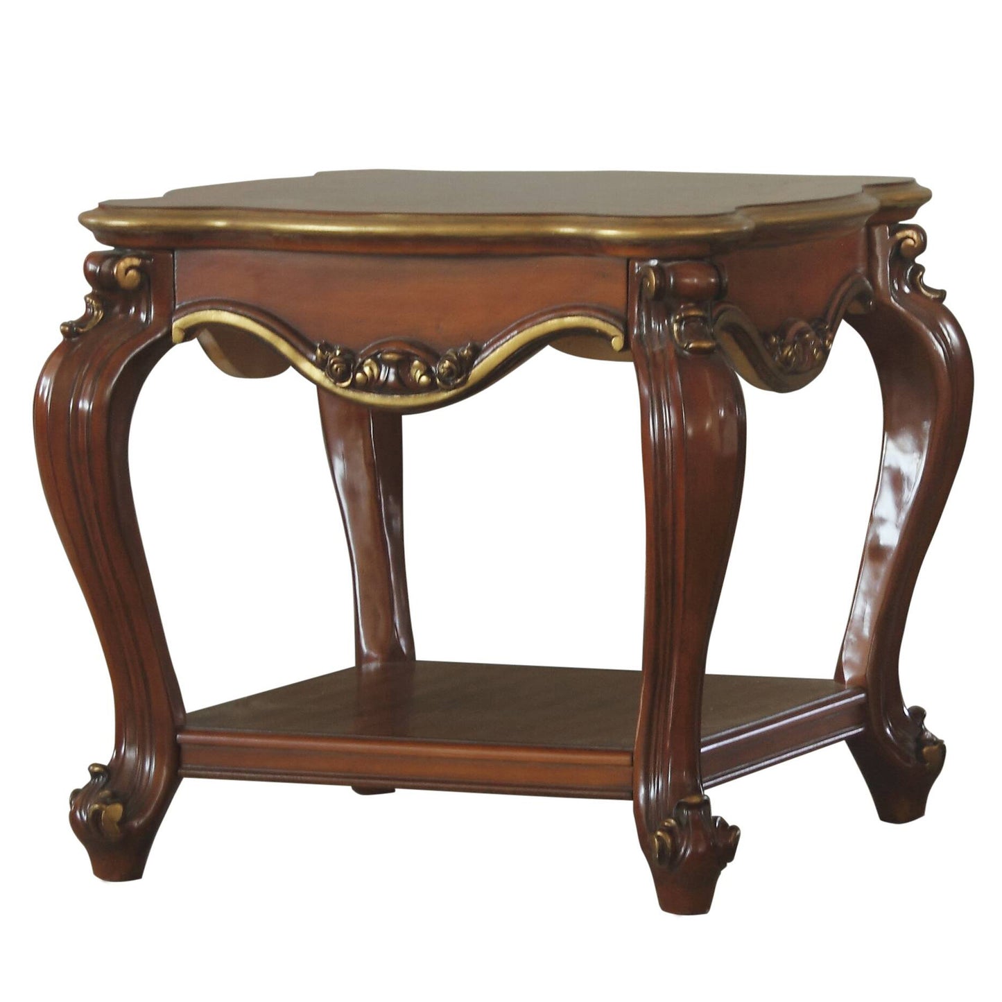 Ornate dark wood end table with gold trim and carved cabriole legs