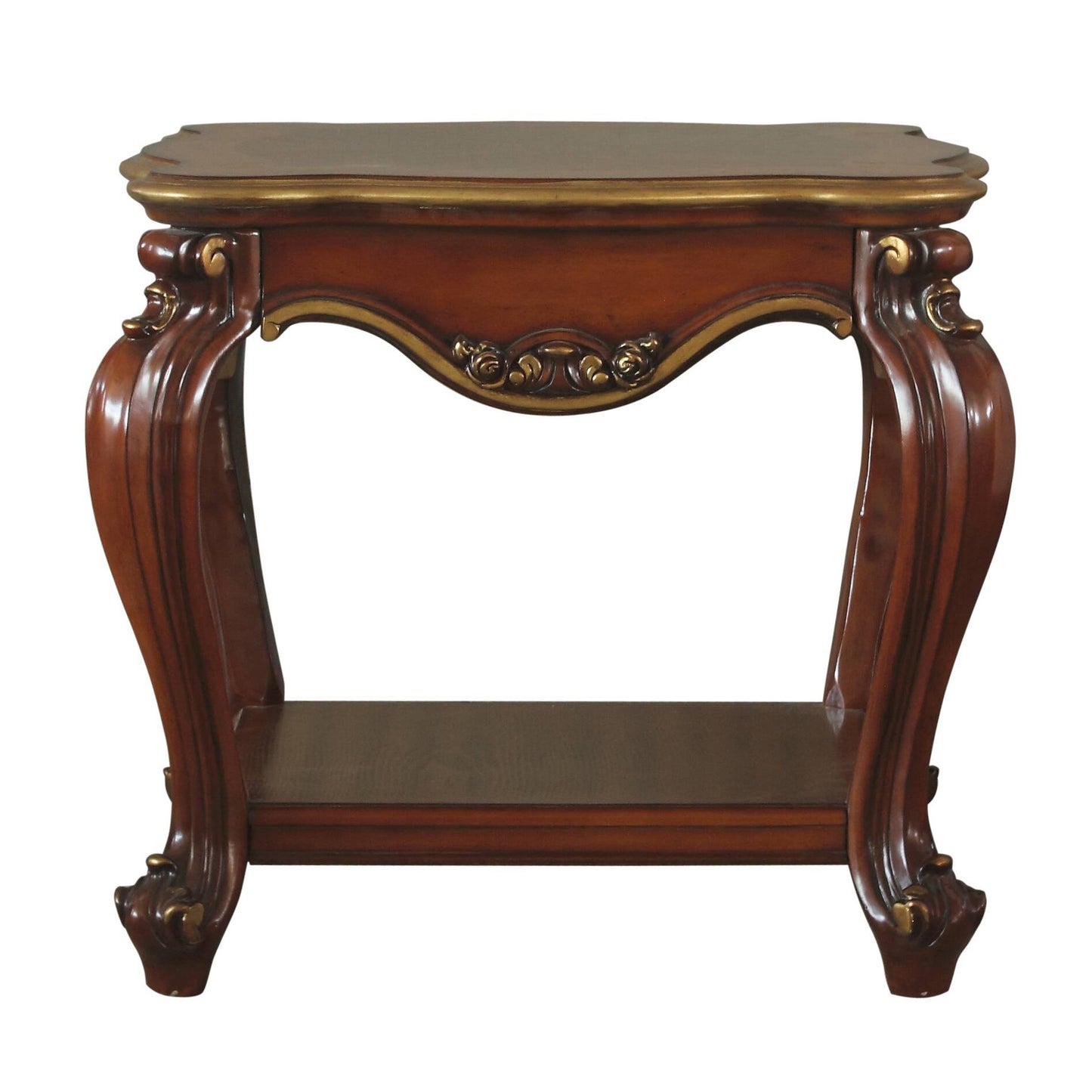 Ornate dark wood accent table with gold trim and carved cabriole legs