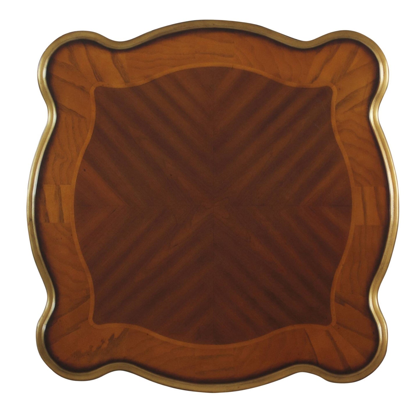 Ornate marquetry wood inlay table top with a gold trim and a classic design