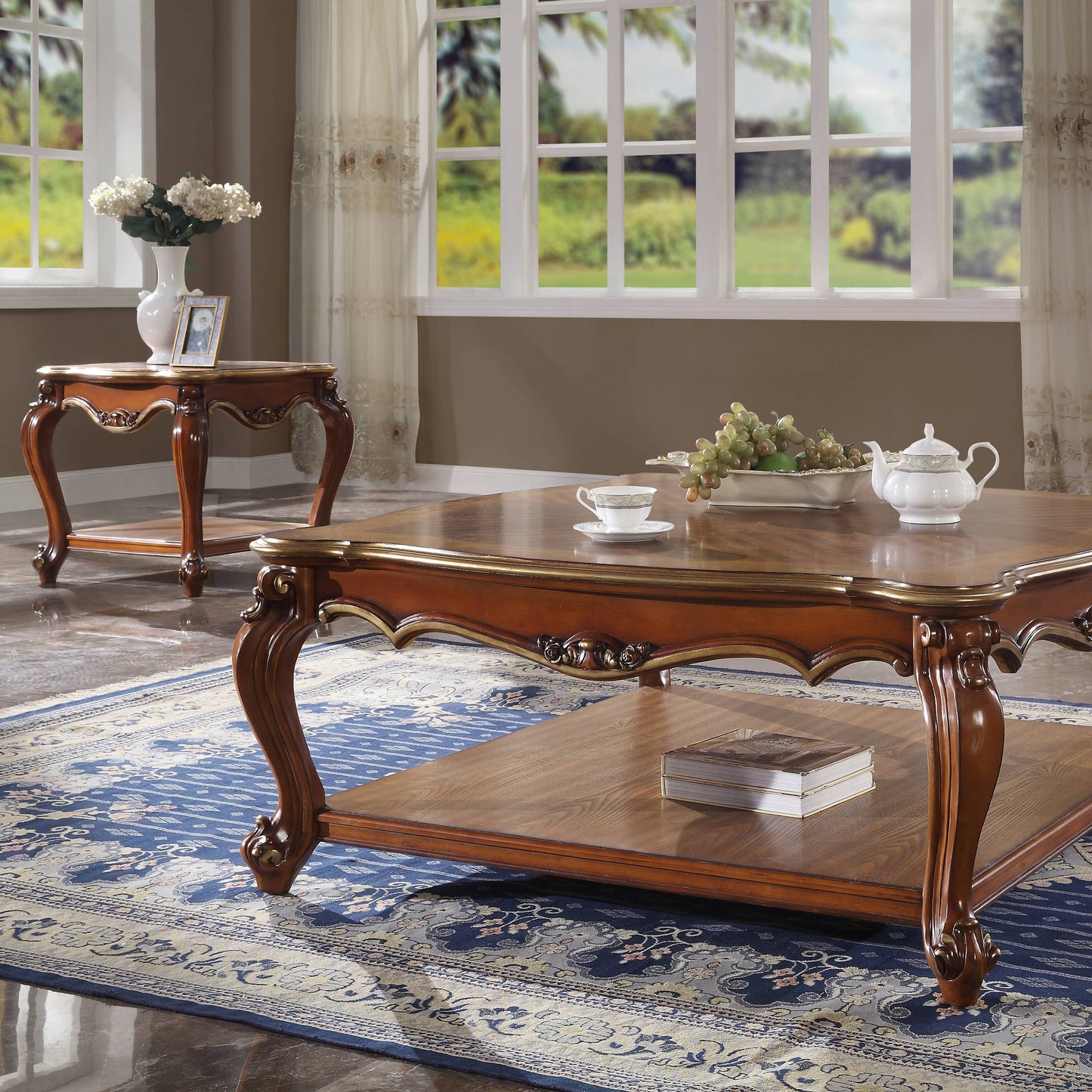 Ornate wooden coffee table with lower shelf ideal for living room accents