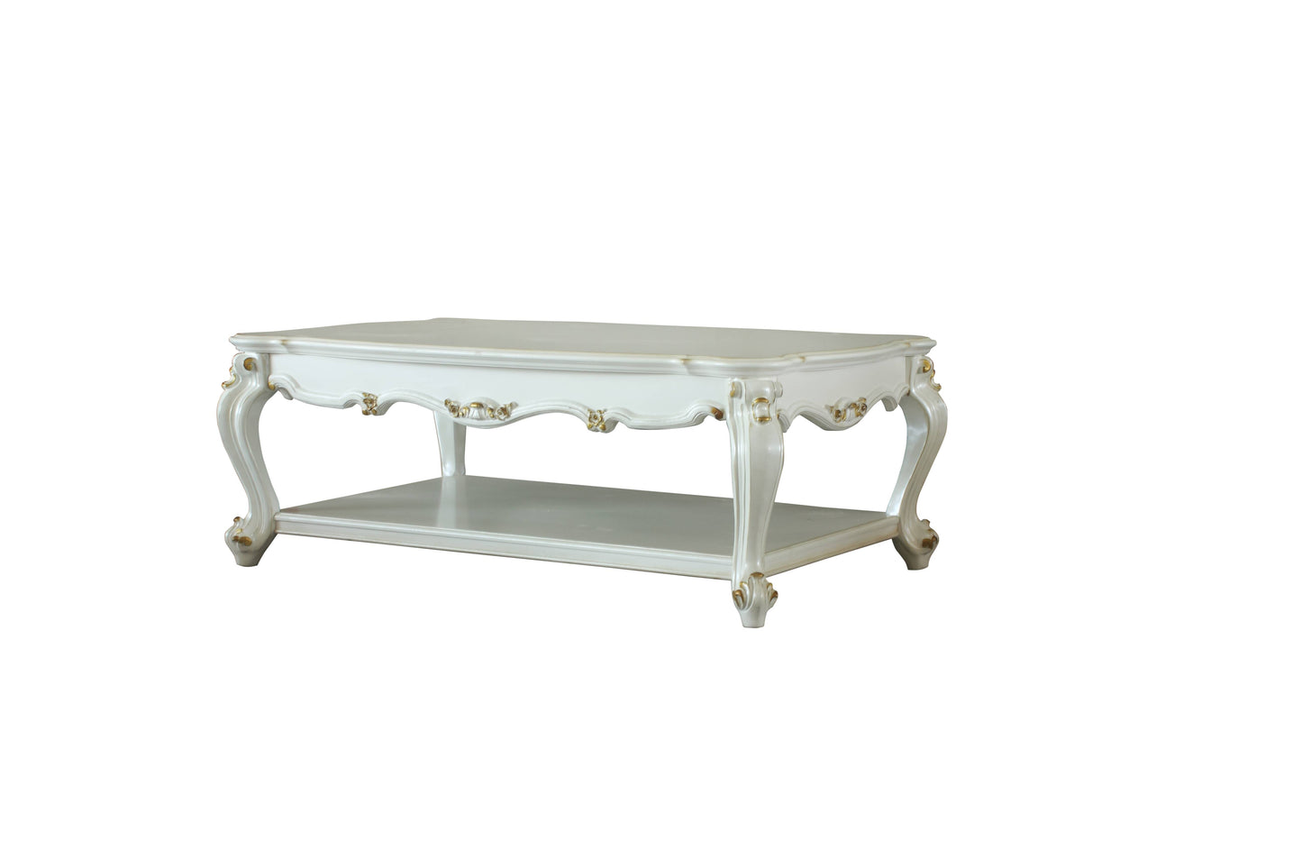 White ornate coffee table with gold accents and a lower shelf