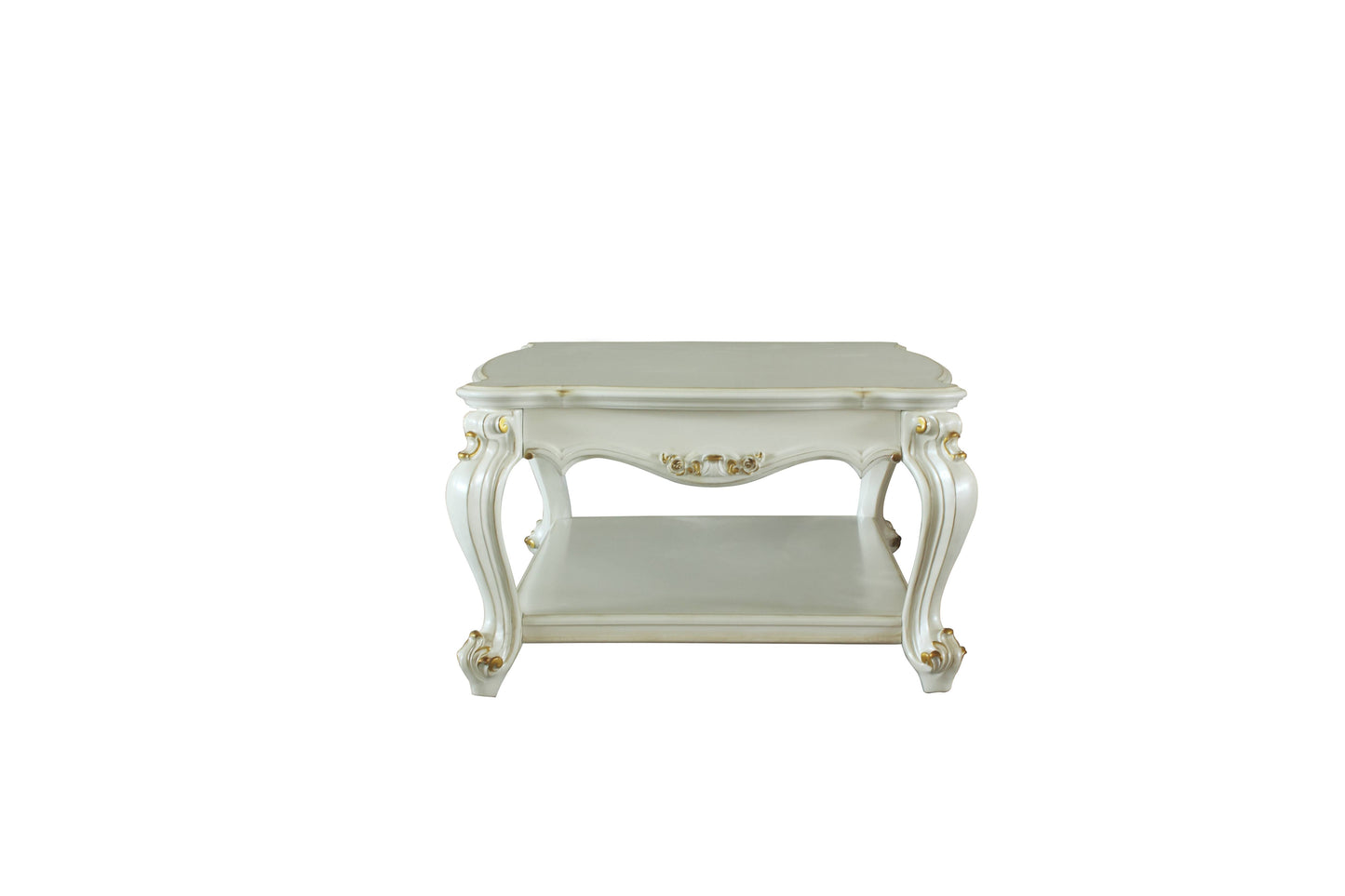 Elegant white rococo end table with gold accents perfect for a luxury living room