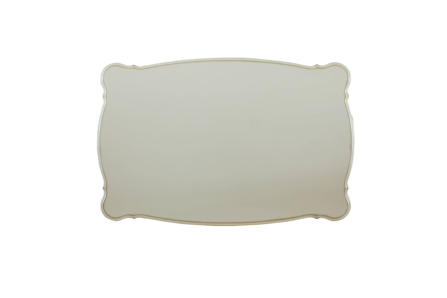 Elegant antique white vanity tray with ornate scalloped edge and metallic trim