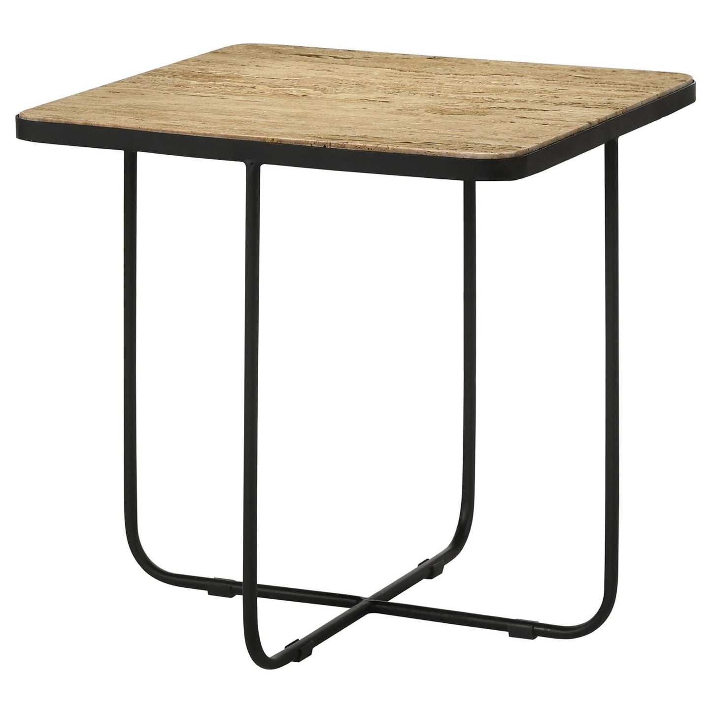 Square side table with a textured woodlook top and black metal legs ideal for living rooms
