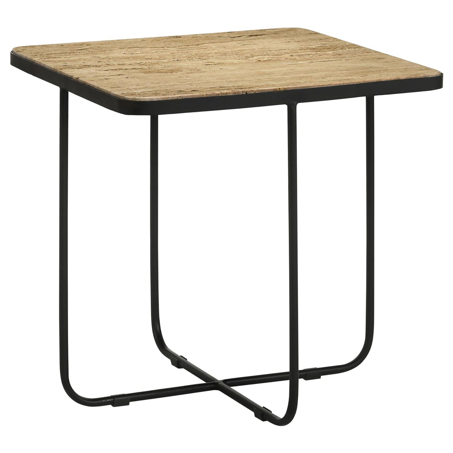 Square woodlook side table with black metal frame and legs