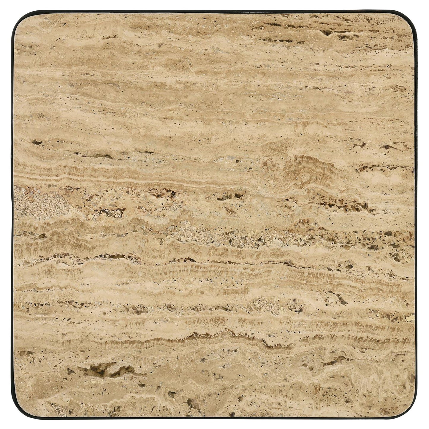 Closeup of a textured travertine tile with earthy beige and brown natural stone patterns
