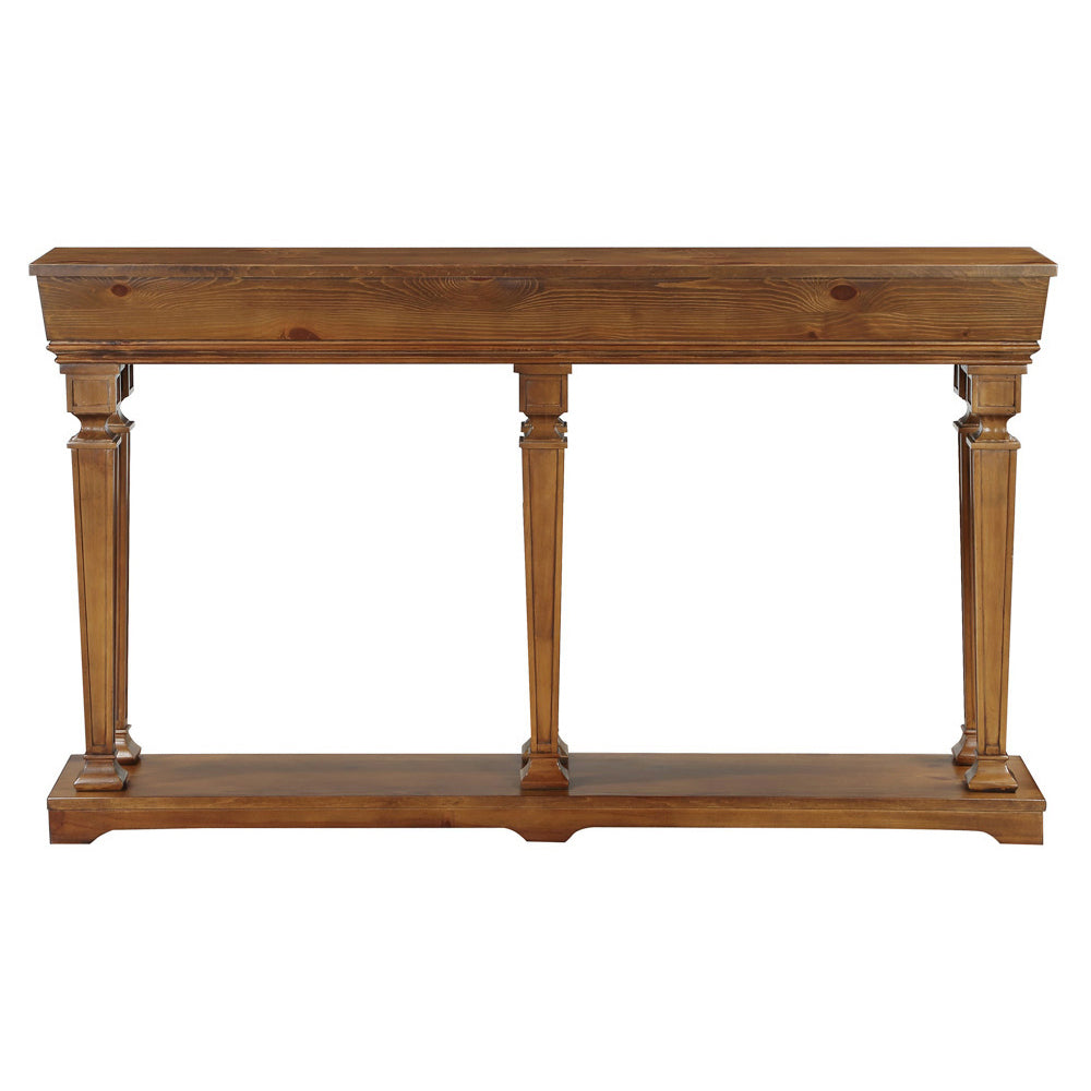 Rustic pine wood console table with turned legs and lower shelf