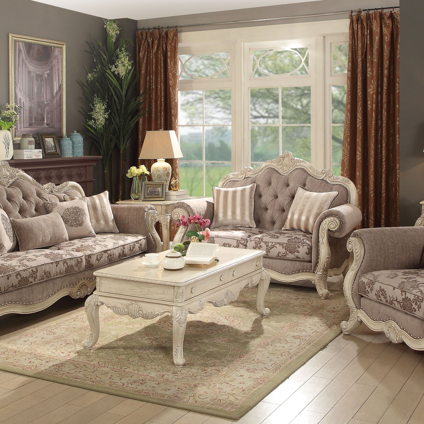 Elegant tufted loveseat with intricate damask pattern upholstery and carved wooden trim