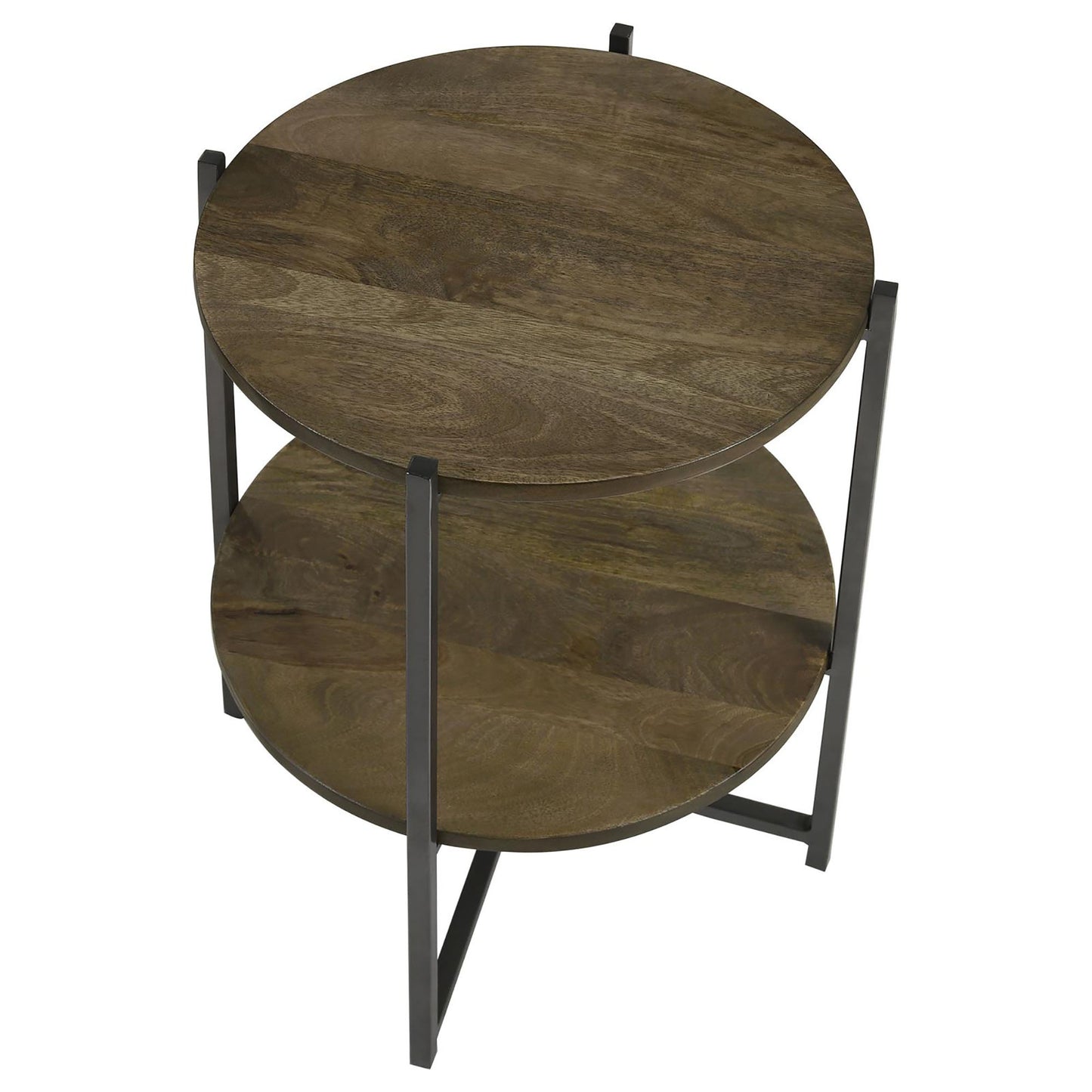 Twotier round accent table with natural wood grain tops and dark metal legs