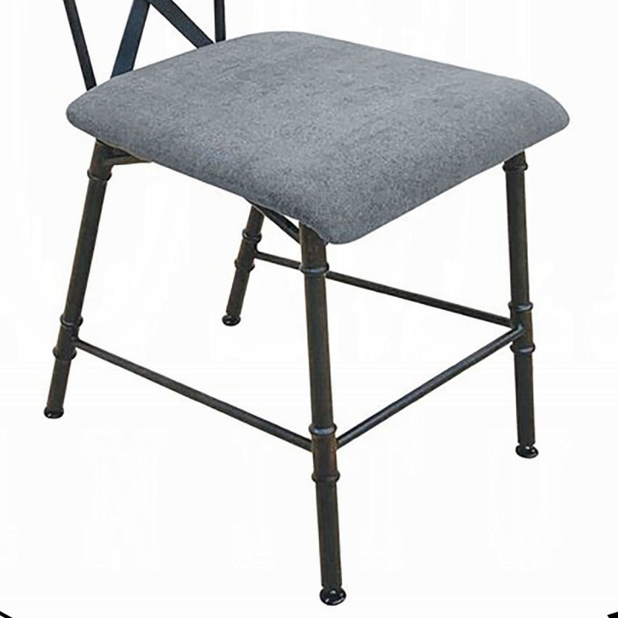 Gray upholstered counter stool with black metal legs and footrest