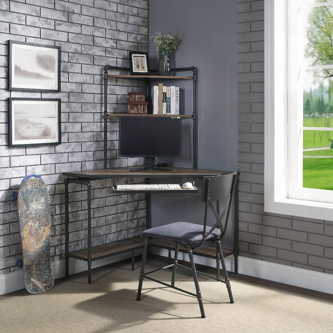 Industrial corner desk with wood and metal pipe shelving featuring a computer setup