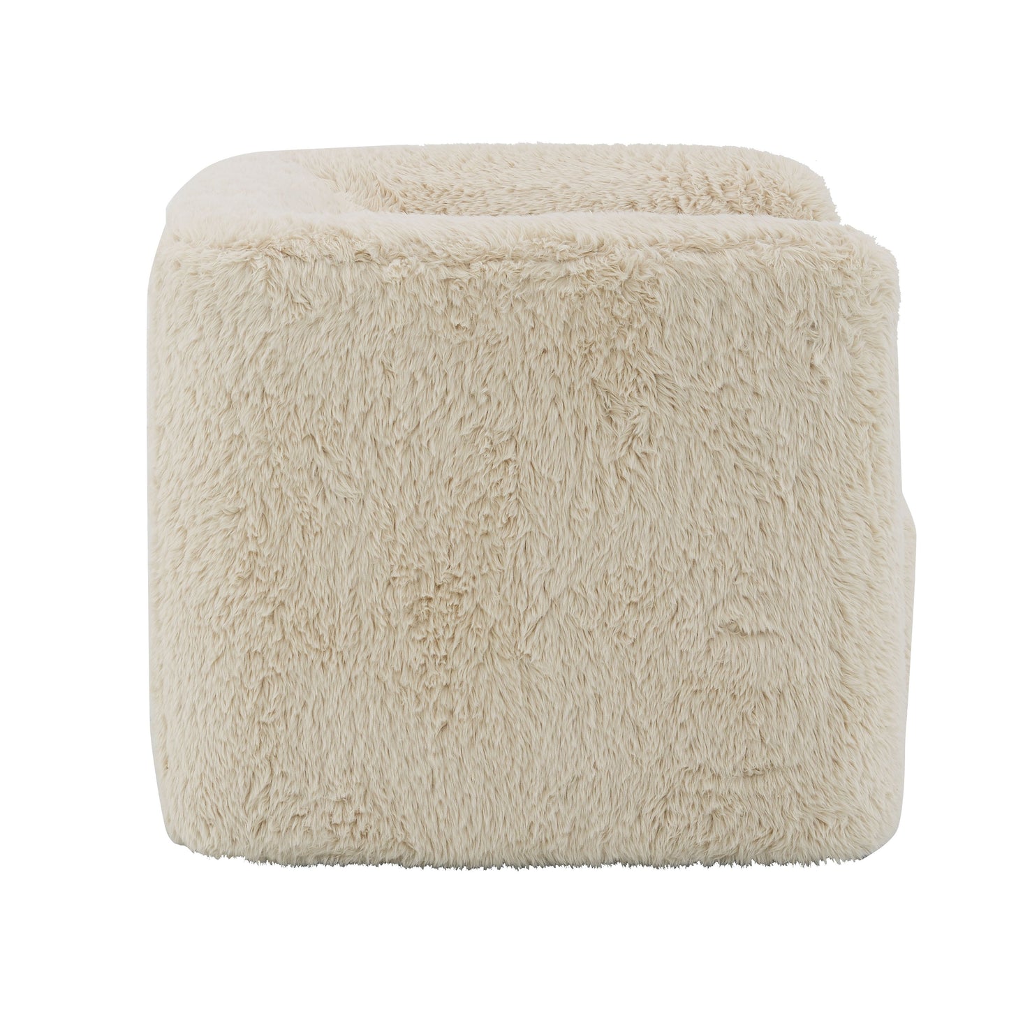 Cream faux fur storage ottoman with soft texture and simple cube design