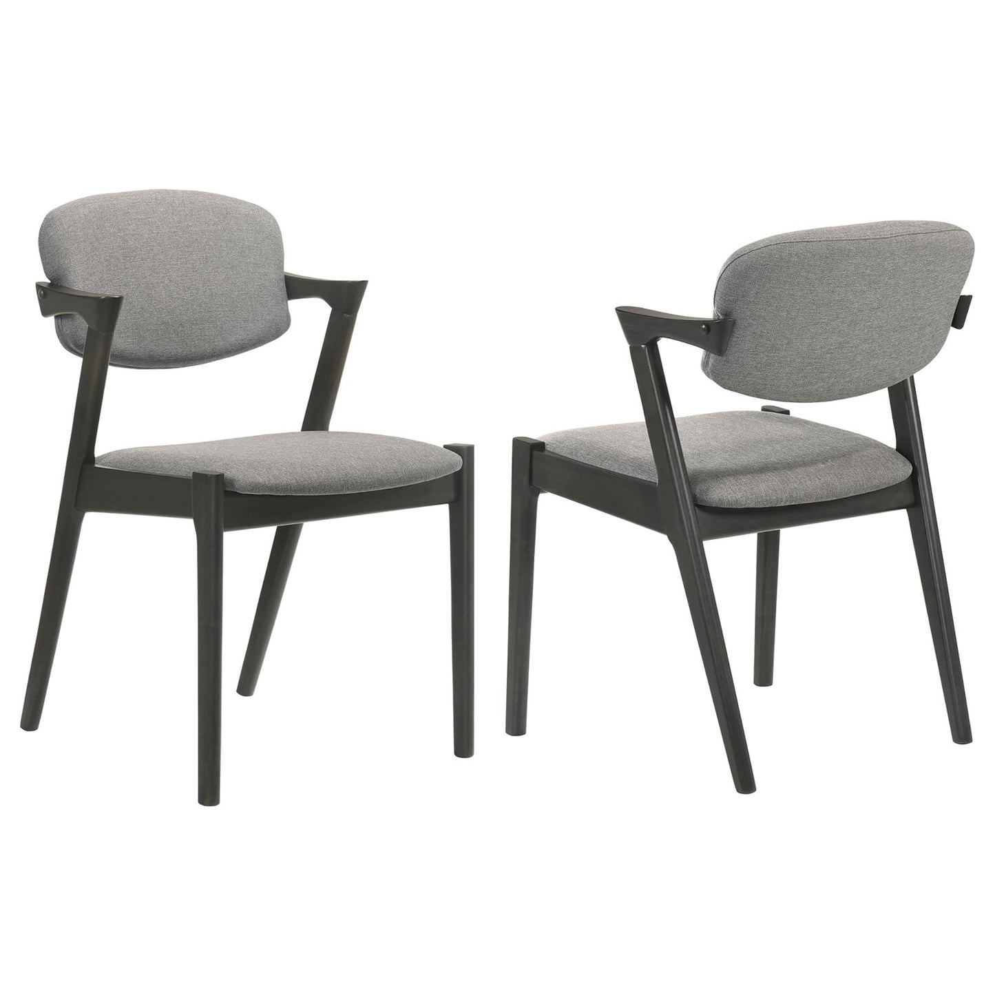 Modern grey upholstered dining chairs with dark wood frames and arms