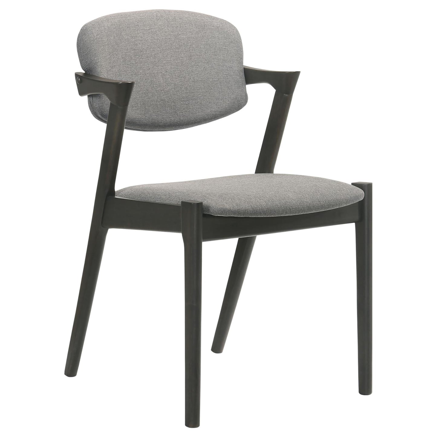 Modern dining chair with a grey fabric seat and back supported by dark wood legs