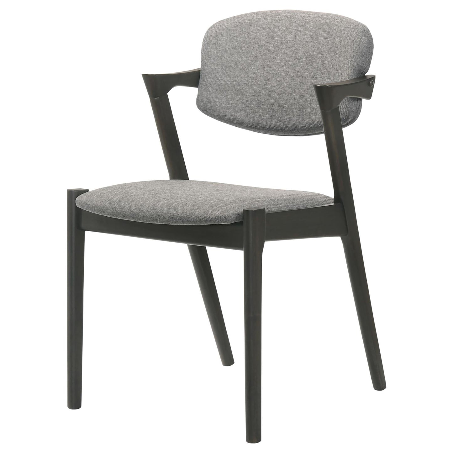 Modern grey fabric accent chair with dark wood frame and arms