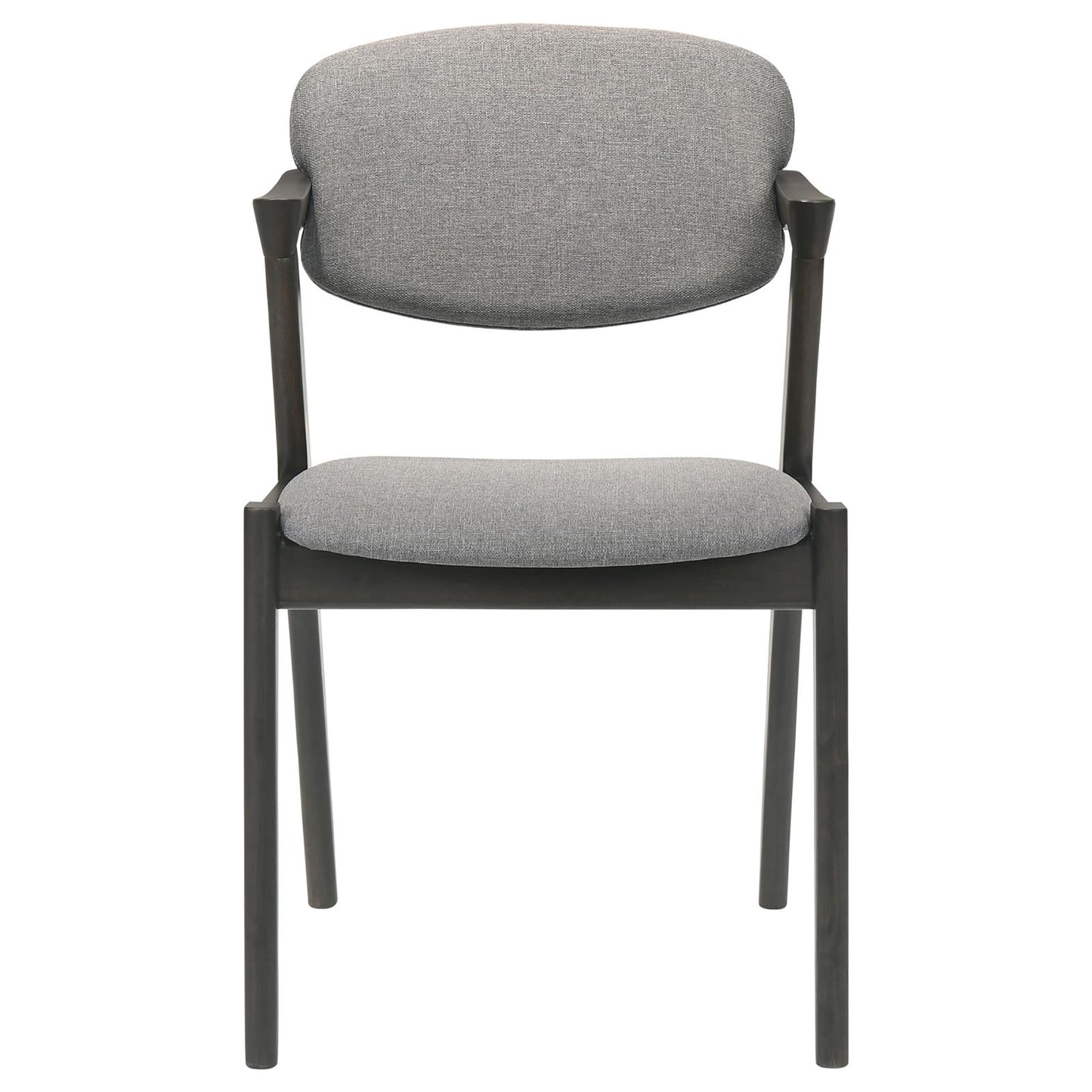 Upholstered dining chair with grey fabric seat and back dark wood frame