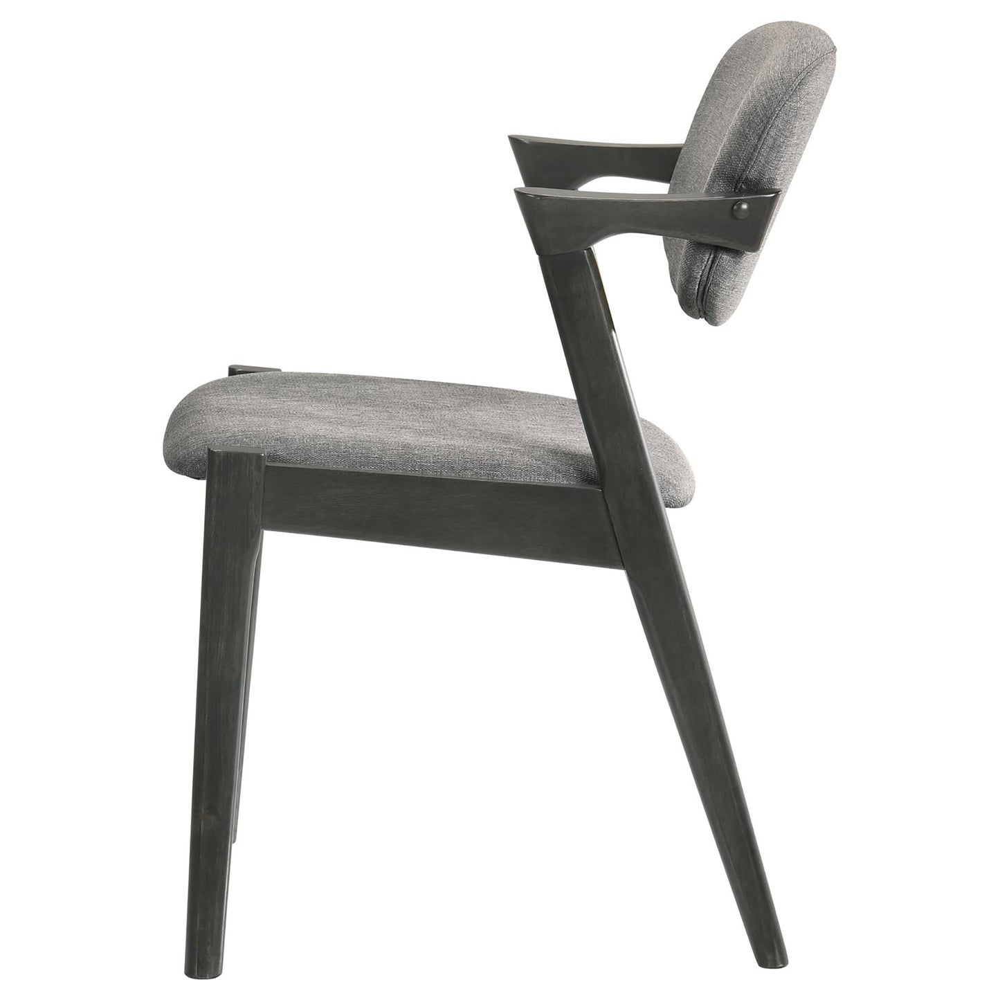 Modern grey fabric armchair with dark wood frame and curved arms