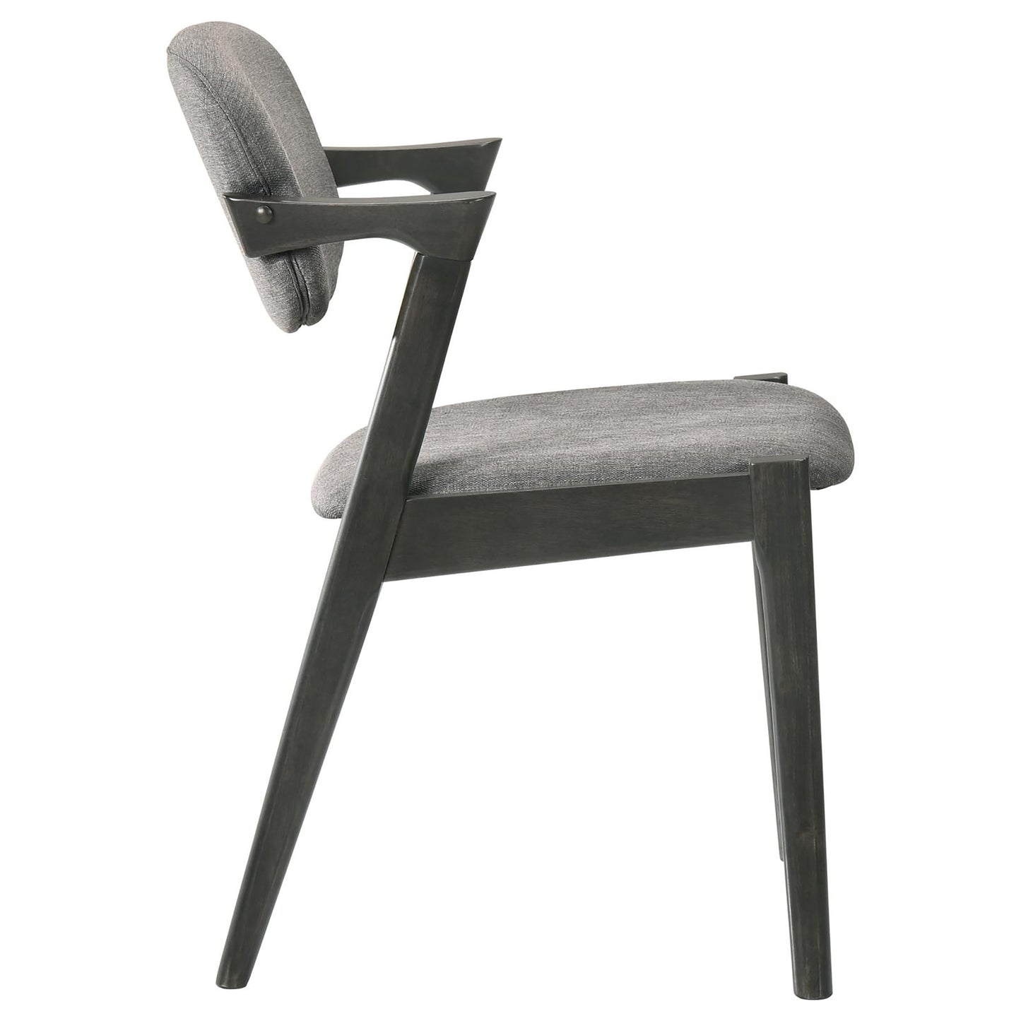 Modern grey upholstered dining chair with dark wood frame and arms