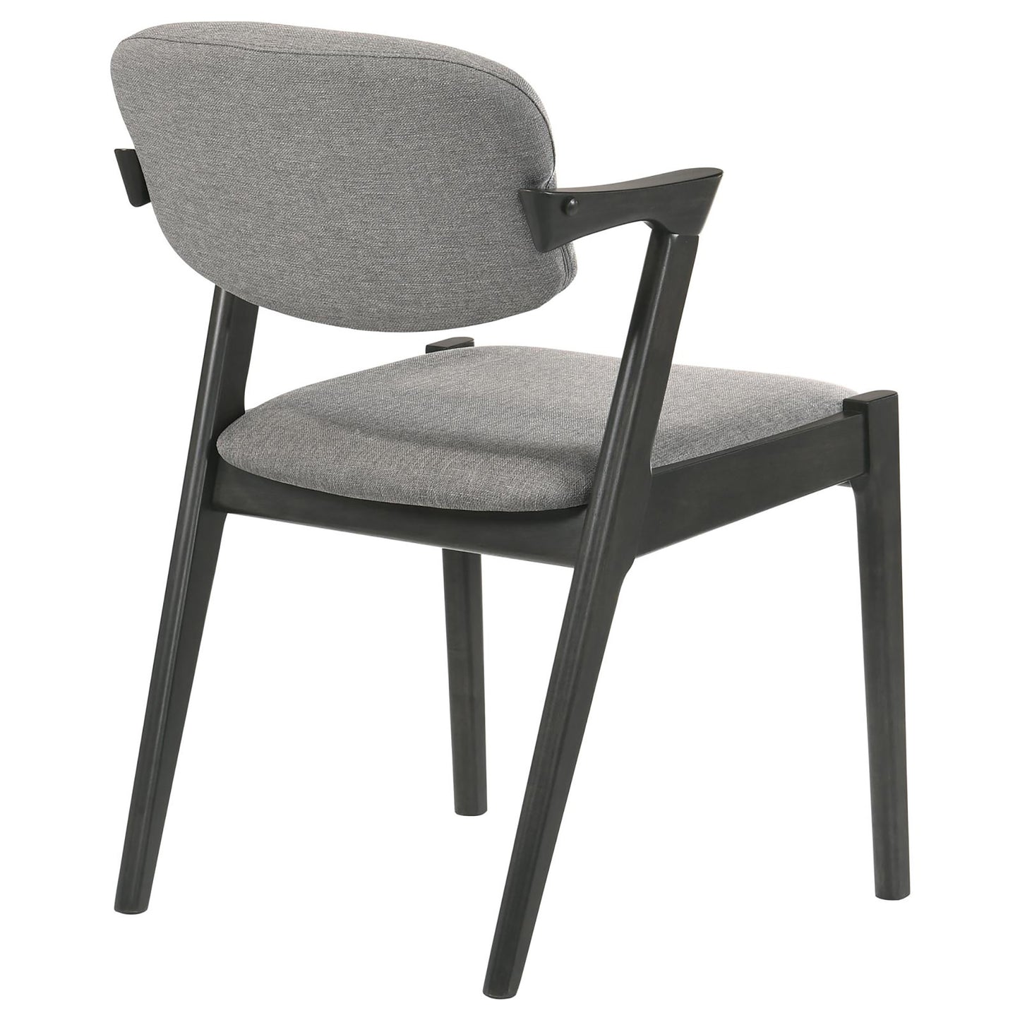 Grey fabric armchair with dark wood frame and curved back for modern living rooms