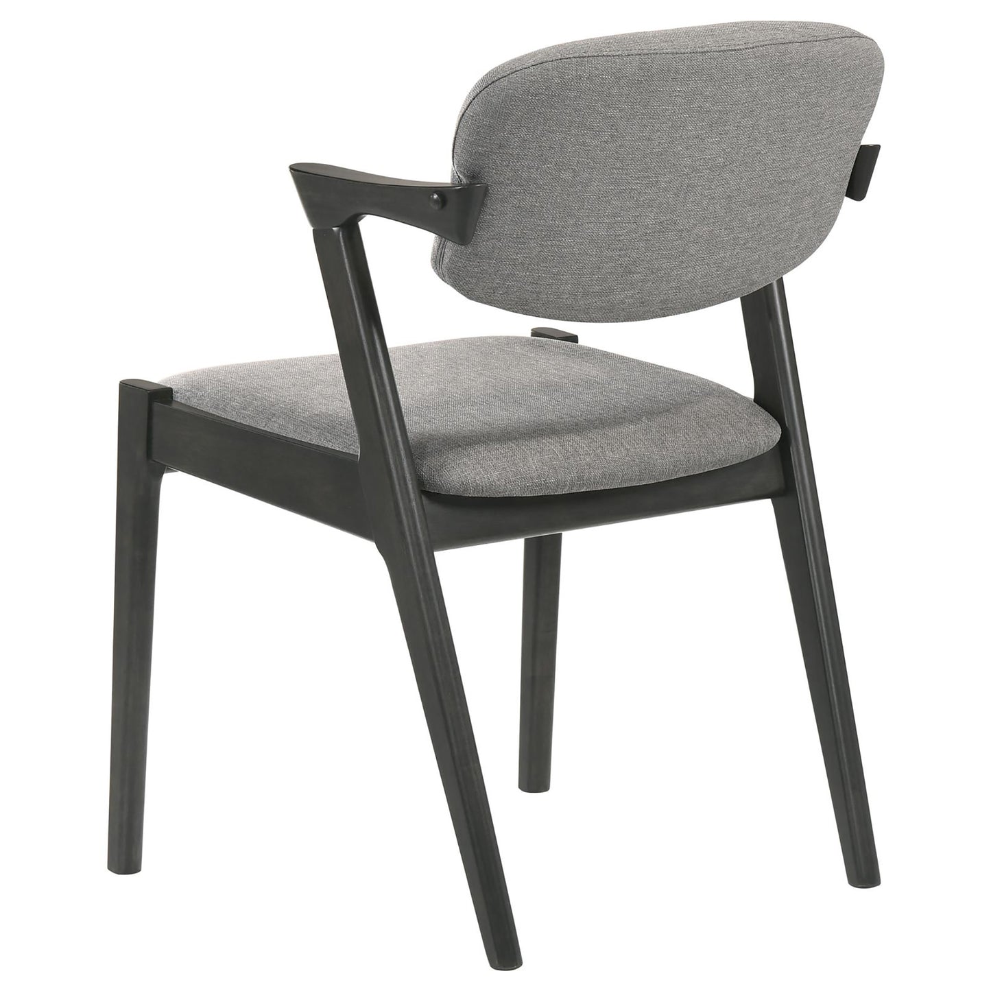 Modern accent chair with grey fabric upholstery and dark wood frame