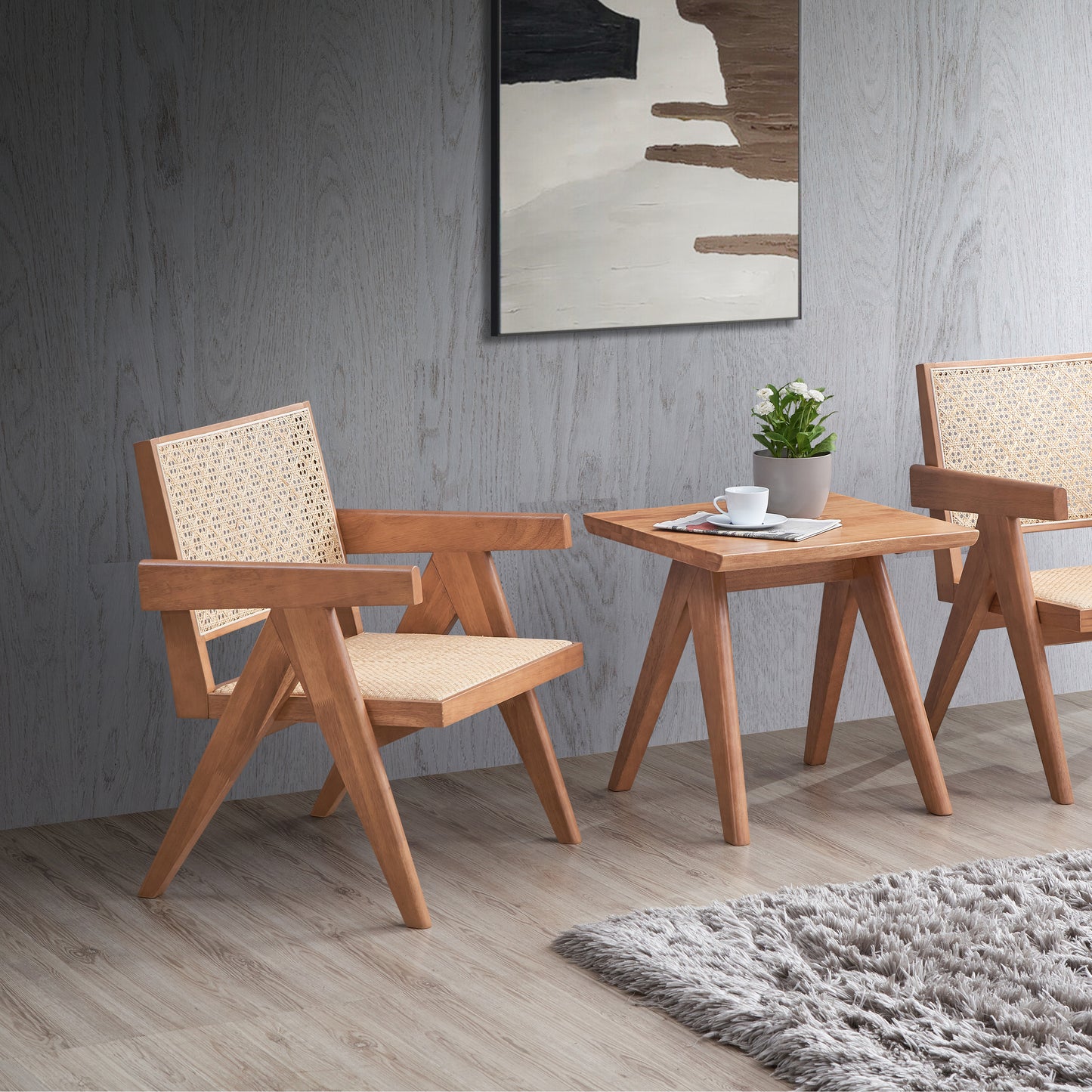 Natural wood armchair with woven rattan seat and back modern accent chair