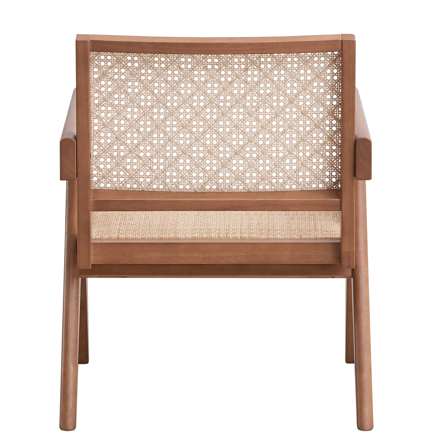 Brown wood armchair with woven cane back and seat classic design