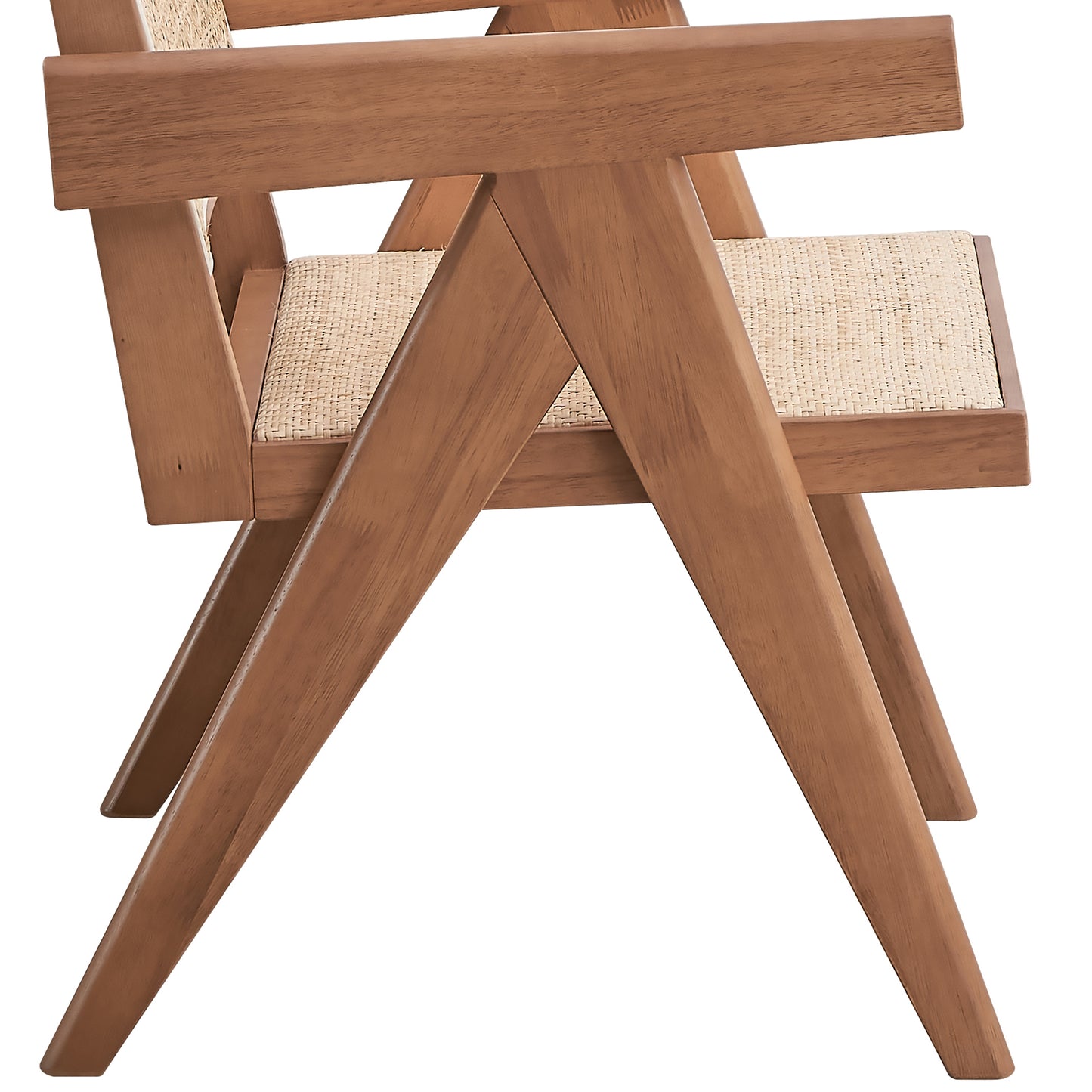 Modern accent chair with natural wood frame and woven cane seat