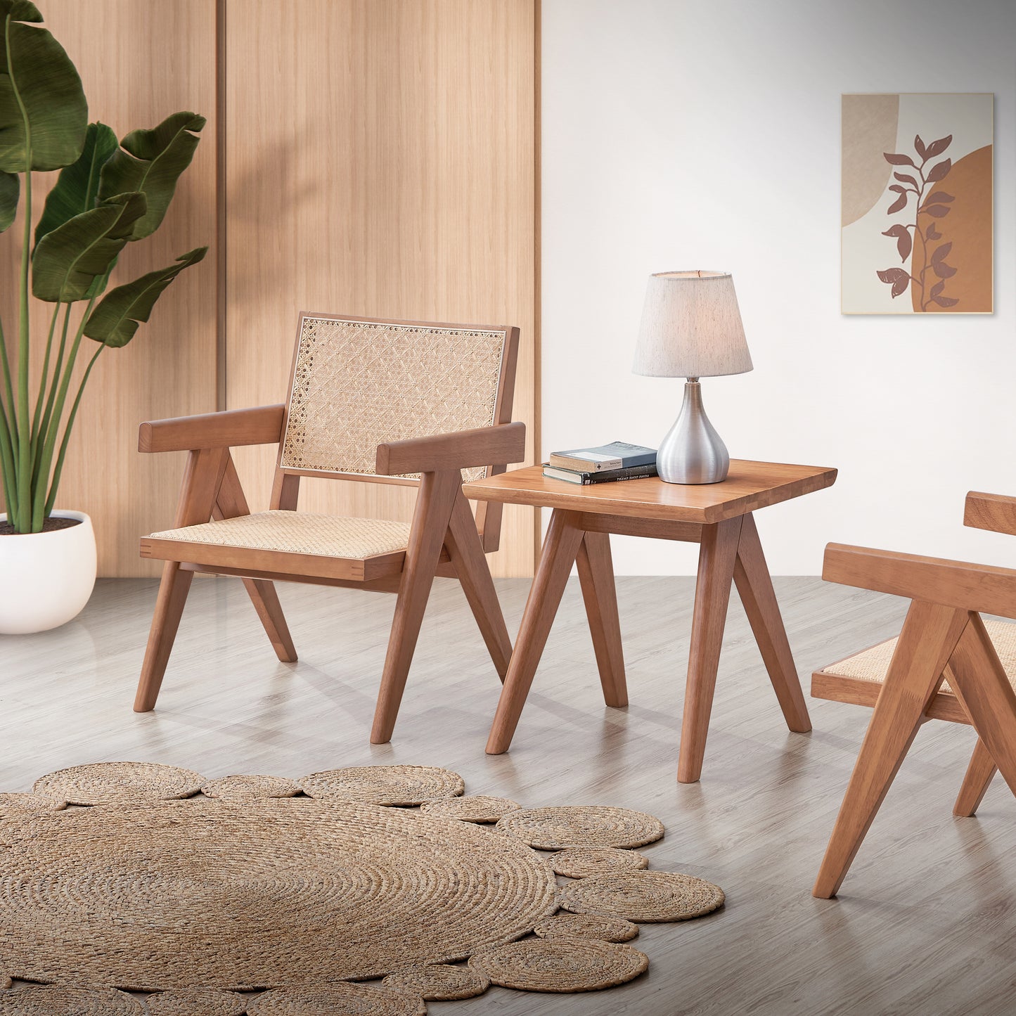 Midcentury modern armchair with woven cane seat and back crafted from warmtoned wood