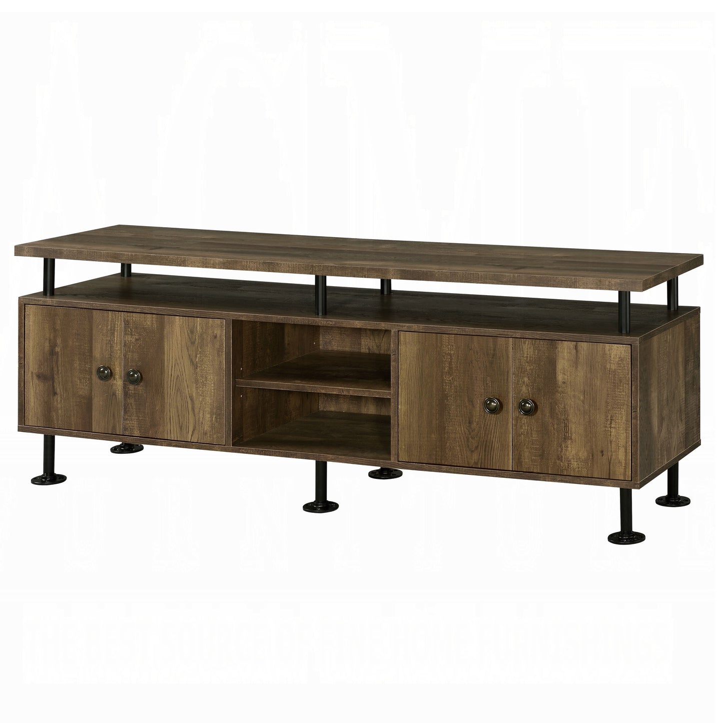 Brown wood TV stand with metal legs and two cabinet doors