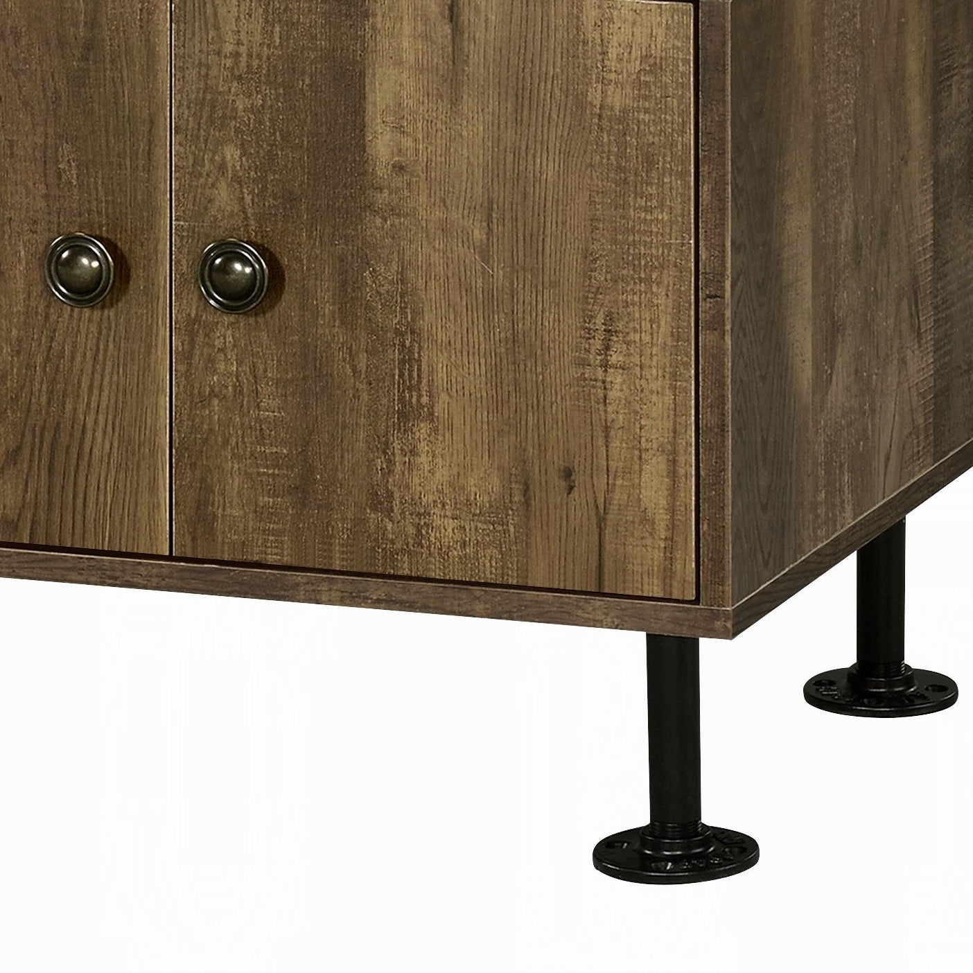 Rustic oak cabinet with two antique bronze knobs and industrial pipe legs