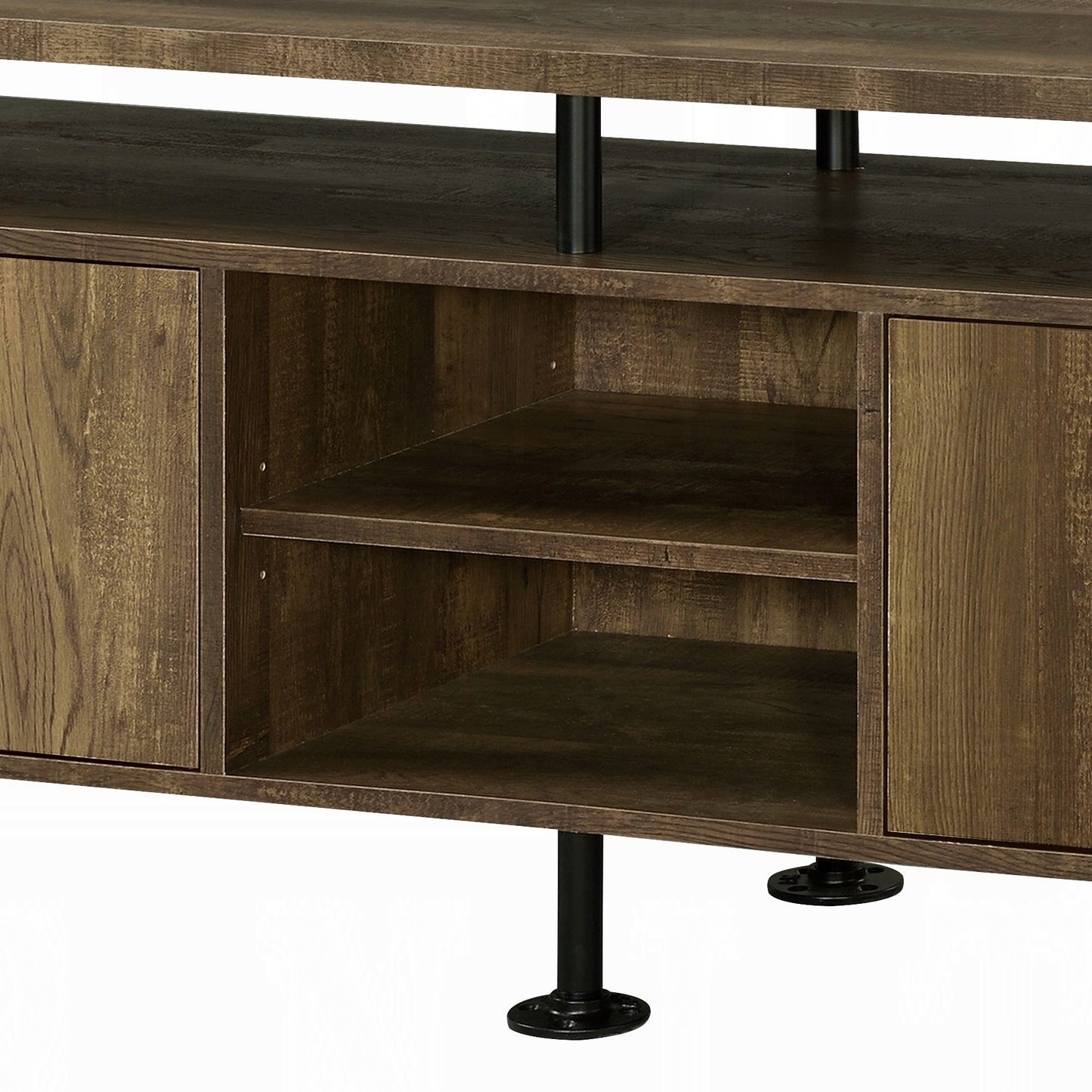 Rustic wood entertainment center with two cabinet doors and open shelving