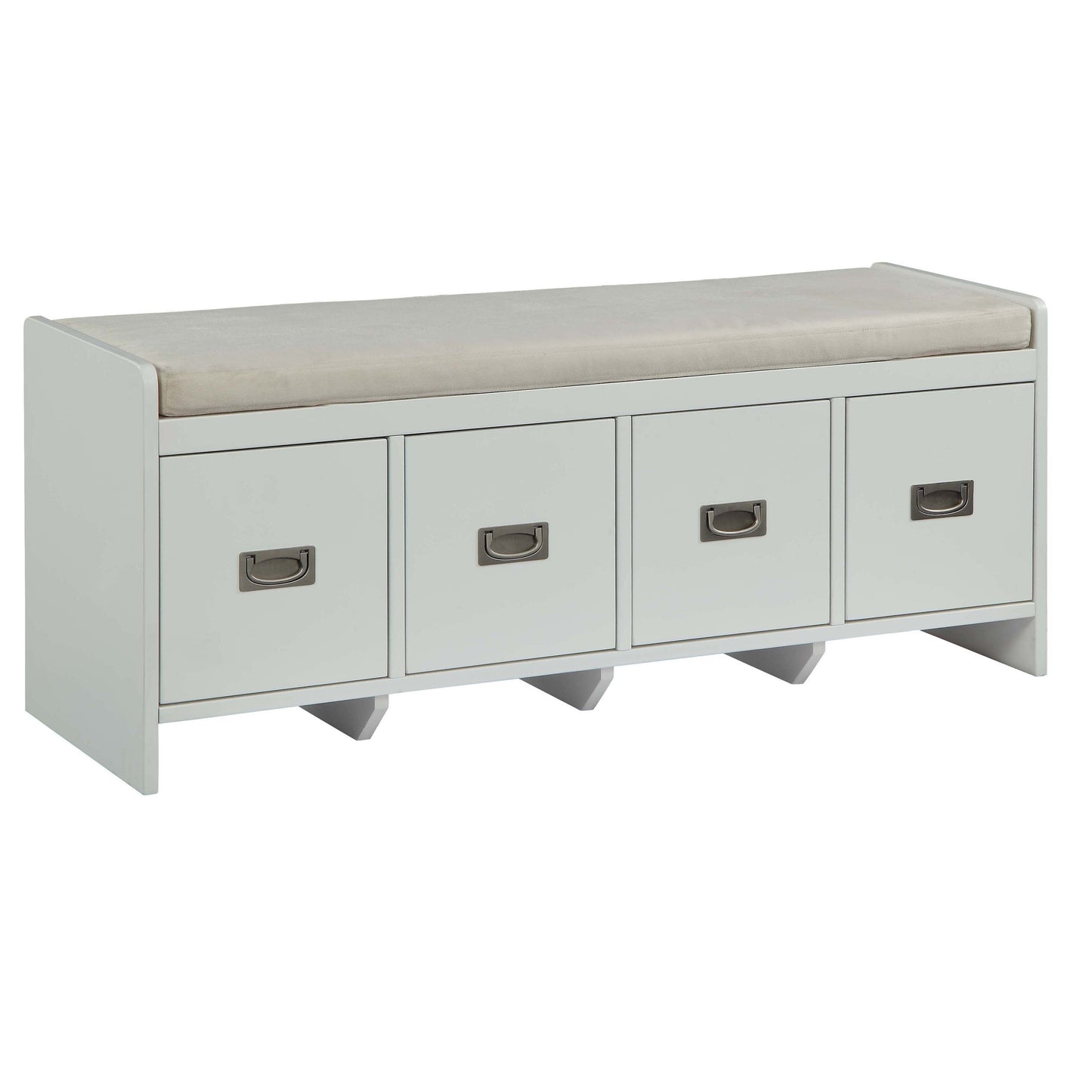 Light grey storage bench with upholstered seat and four drawer fronts