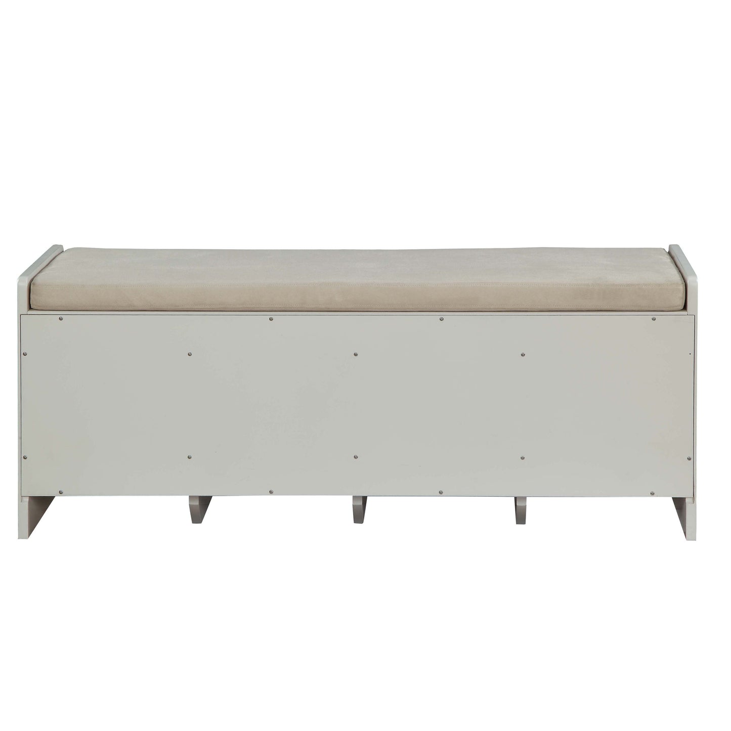 Storage bench with beige upholstered seat and white frame perfect for entryways