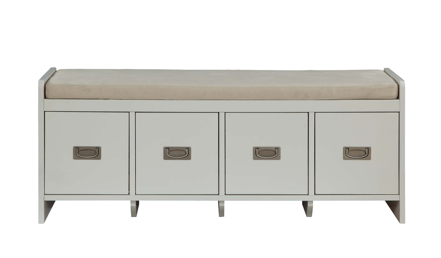 White entryway bench with upholstered cushion and four storage drawers with Dring pulls