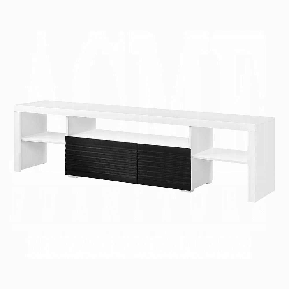 White media console with black grooved drawers and open shelves