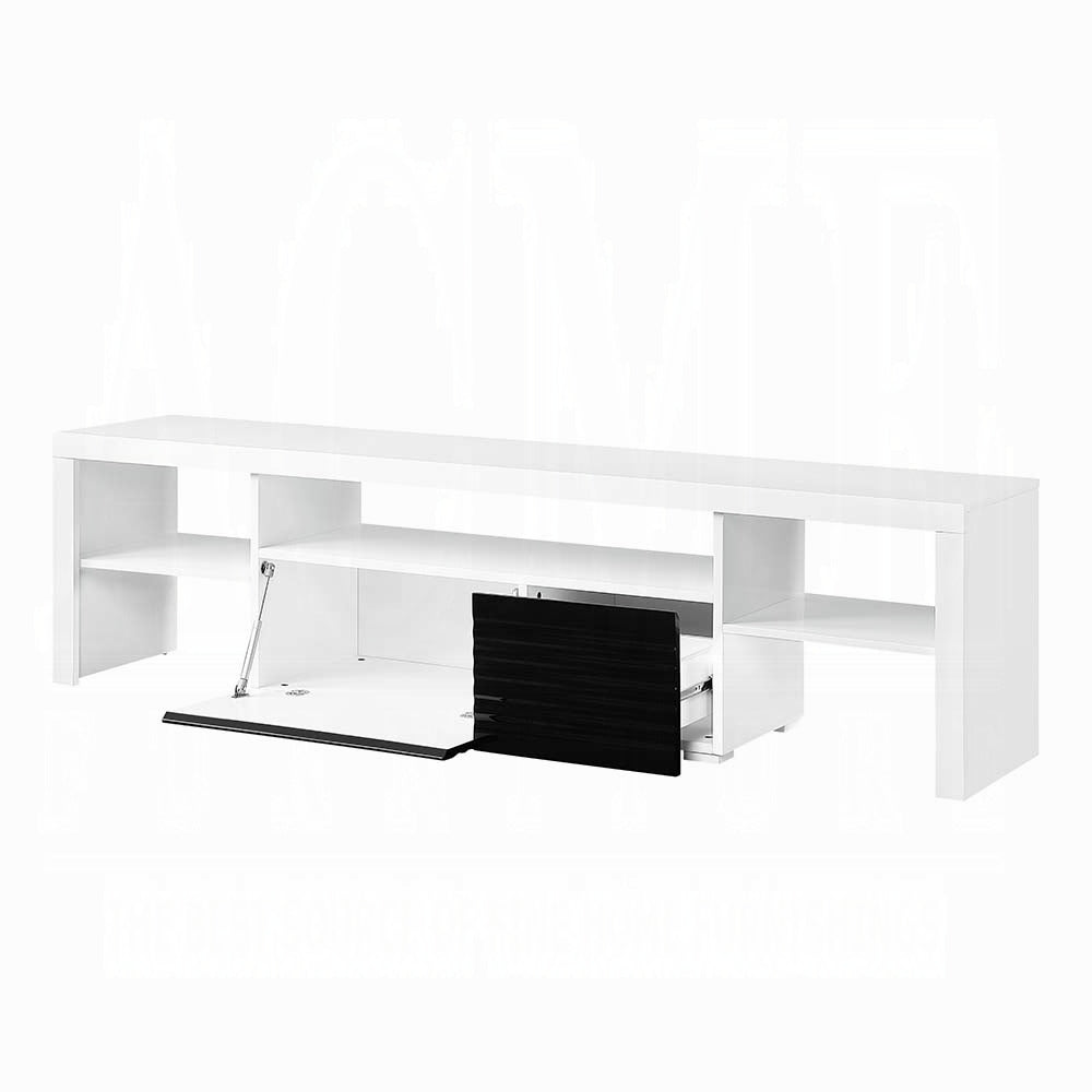 Modern white media console with open compartments and a ribbed black drawer