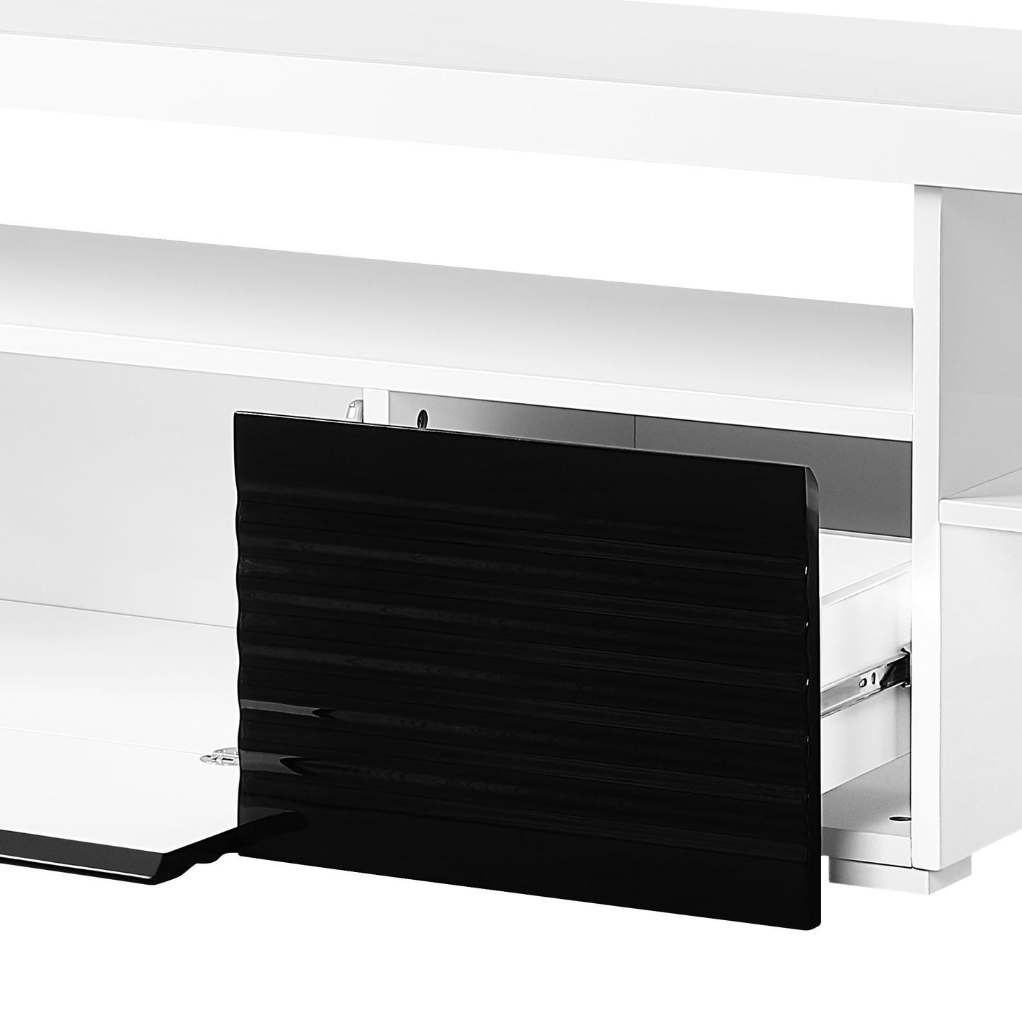 White media console with a textured black drawer front Modern entertainment center
