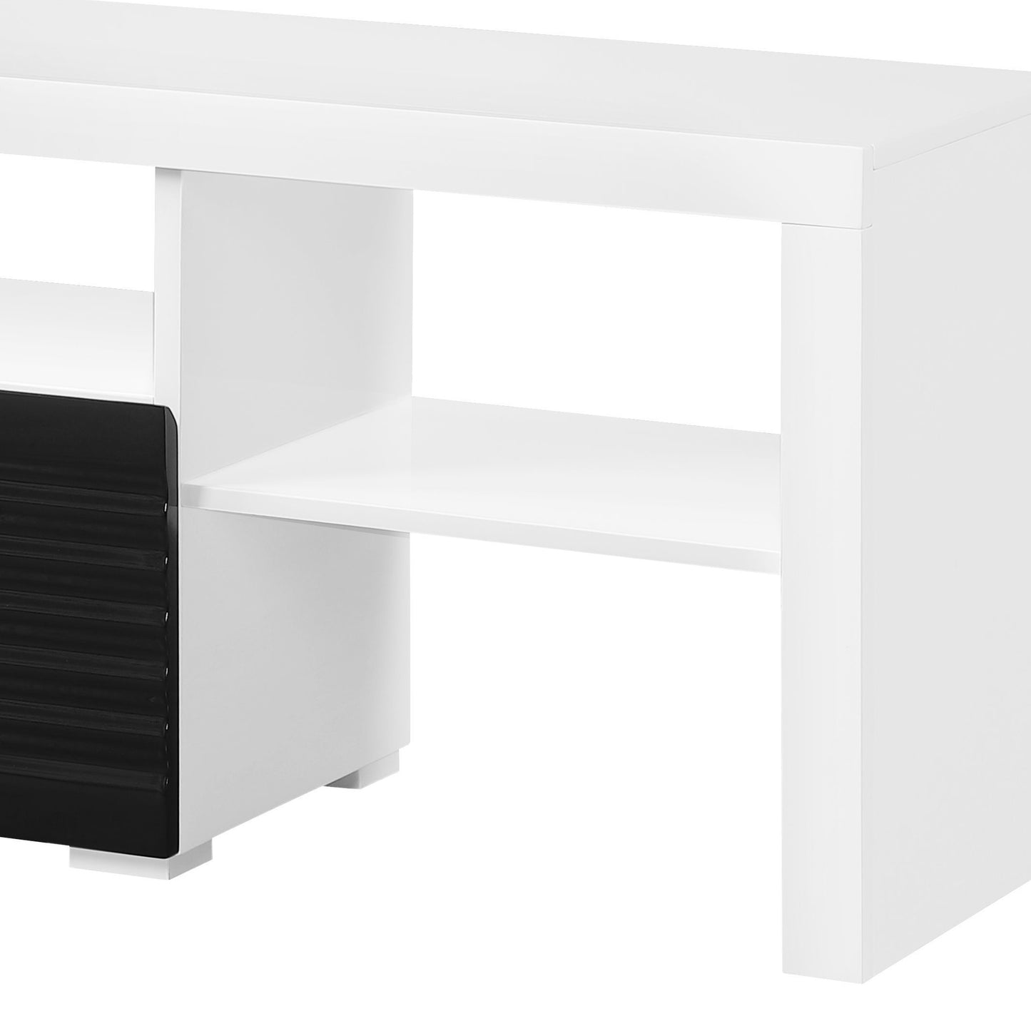 Modern white TV stand with black ribbed drawer perfect for living room entertainment