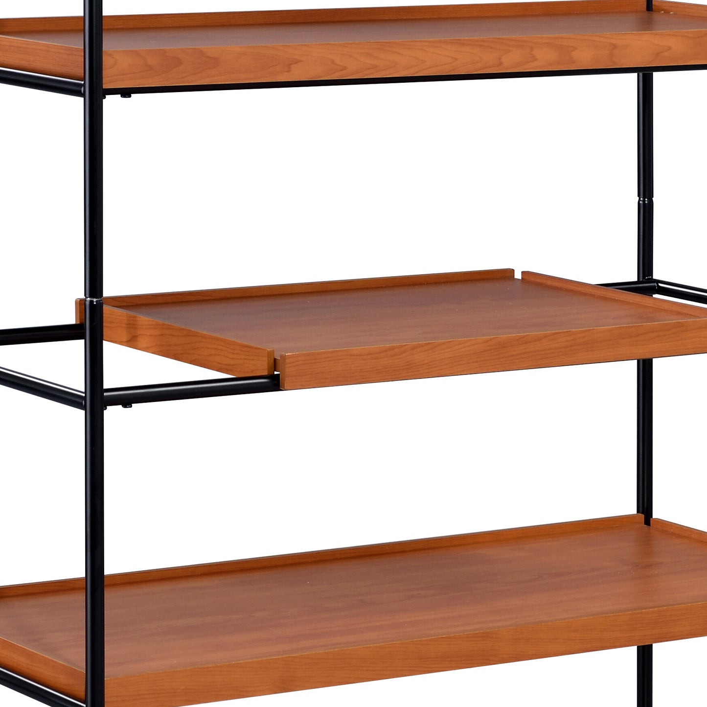Cherry wood shelf unit with black metal frame contemporary style