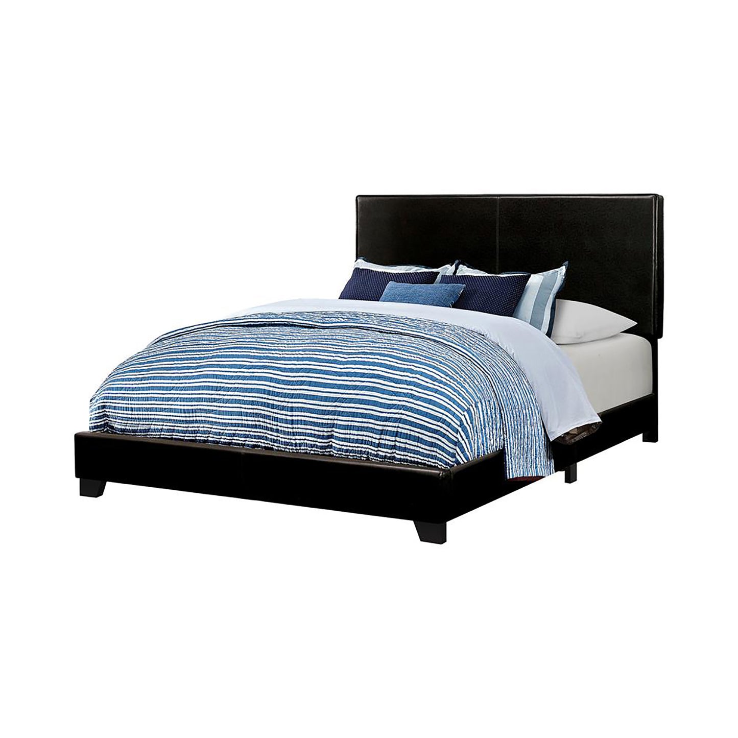 Black upholstered platform bed with striped blue and white duvet and pillows