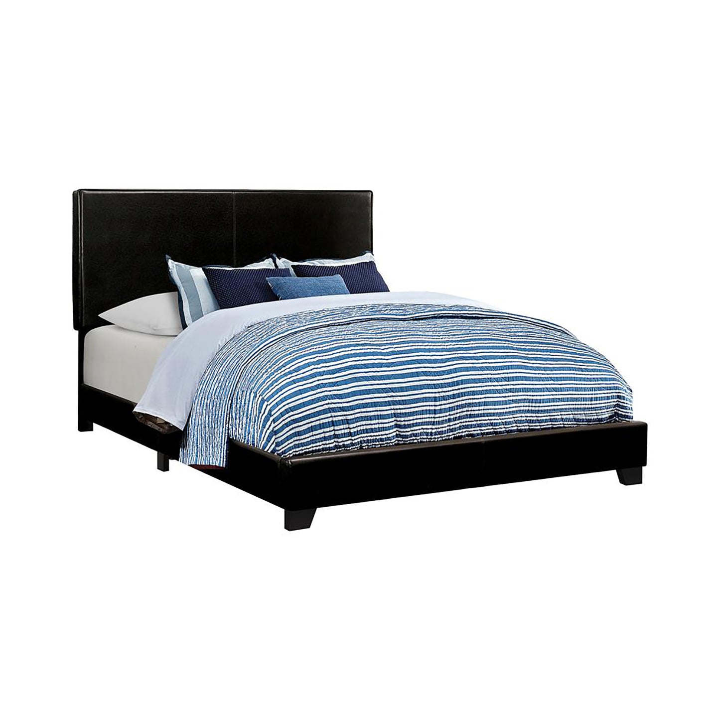 Black upholstered bed frame with blue striped bedding and pillows modern design