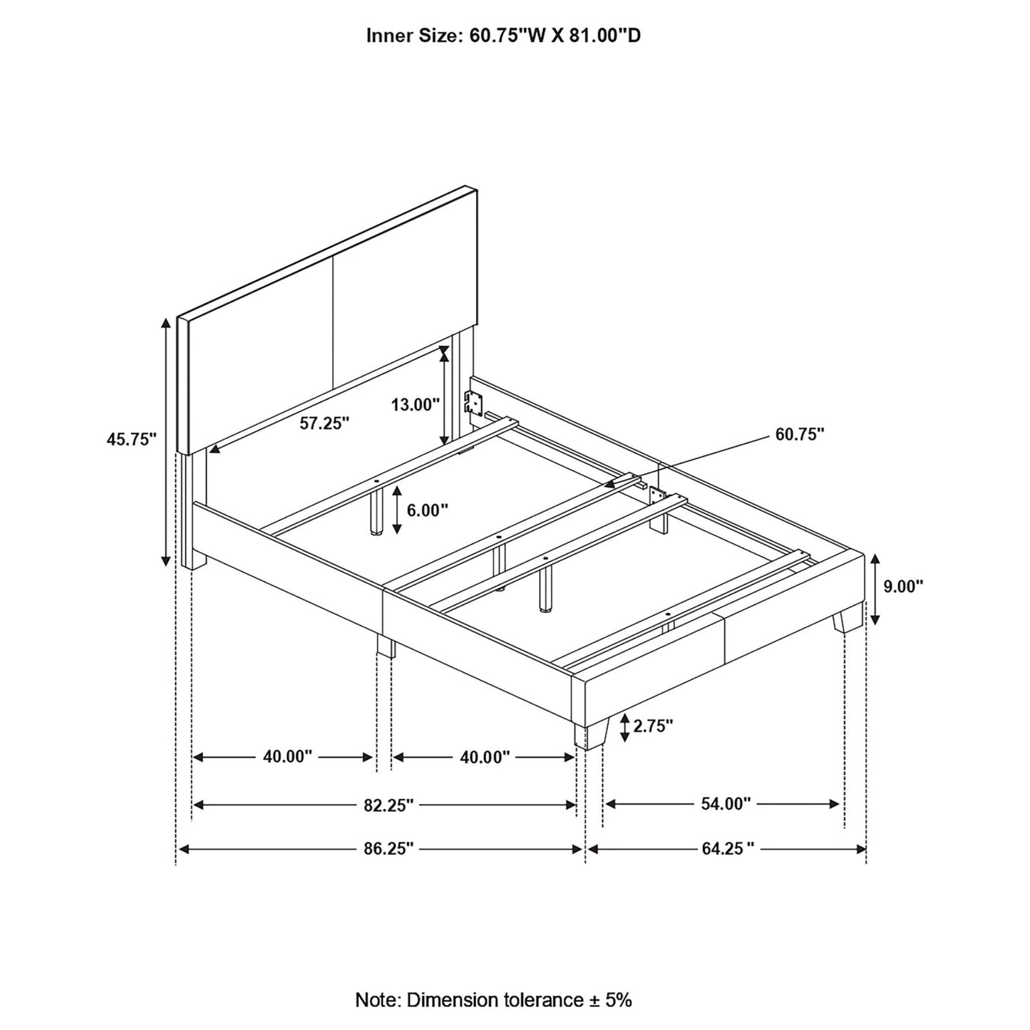 Diagram of a queen size bed frame with dimensions labeled
