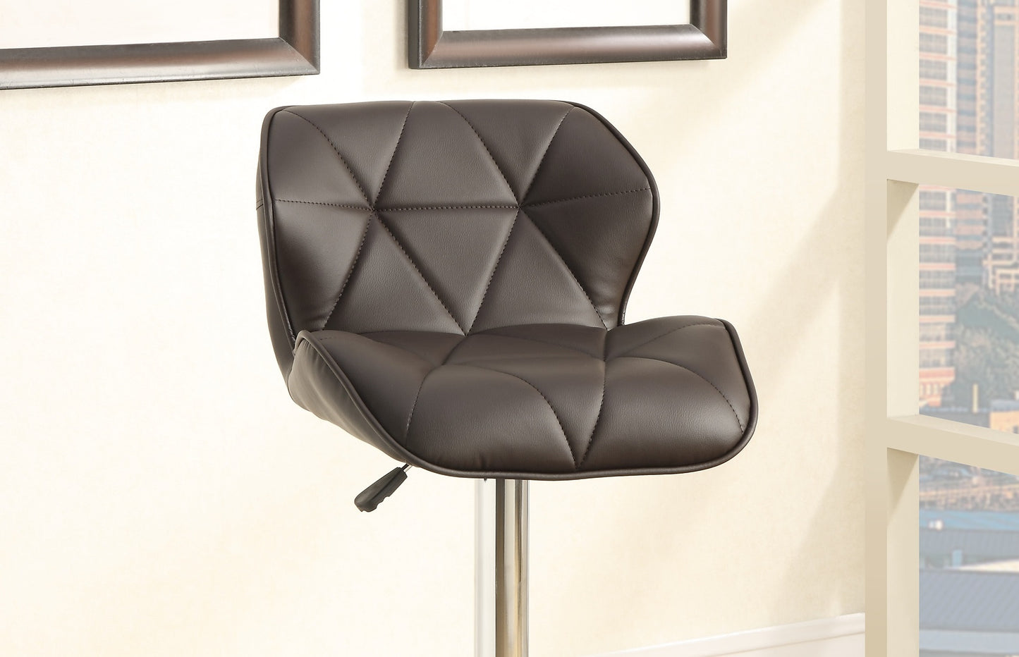 Dark brown upholstered bar stool with diamond stitching and chrome base