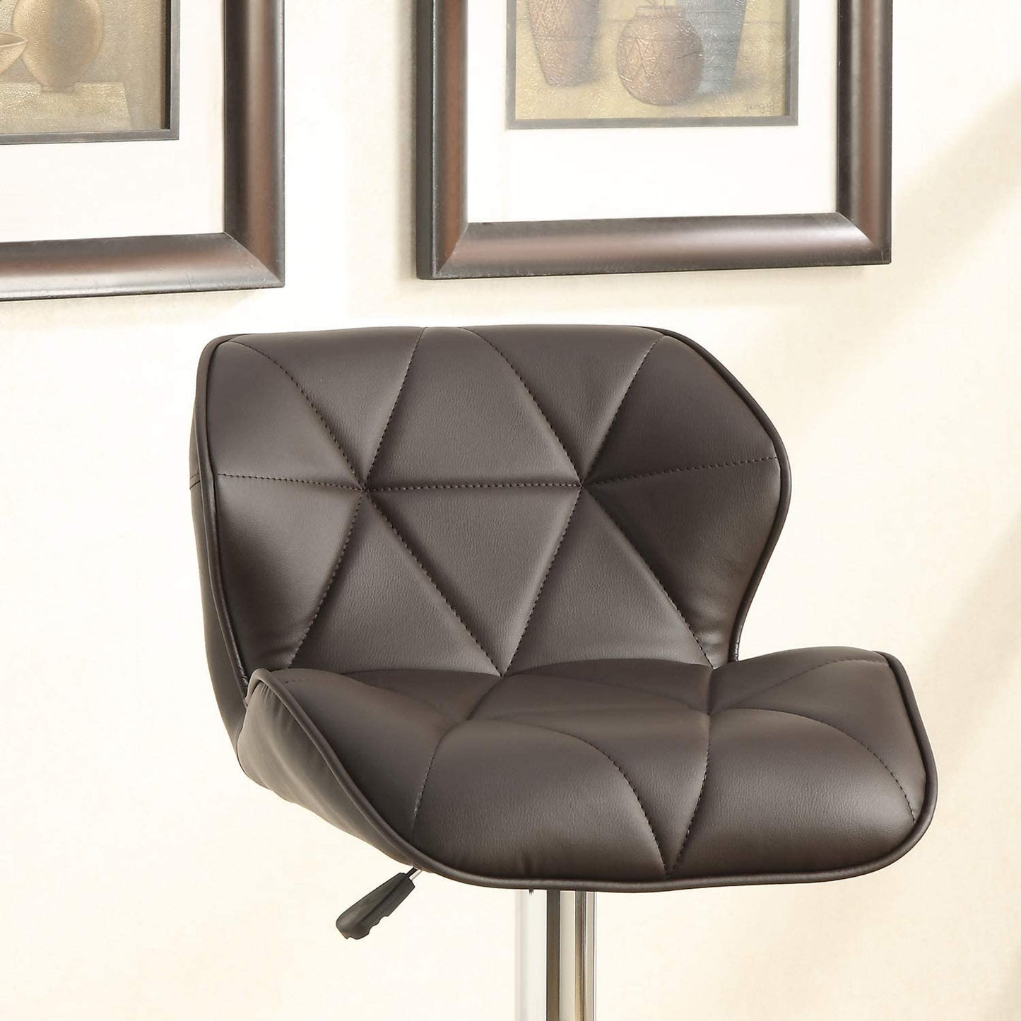 Dark brown quilted vegan leather bar stool with chrome base